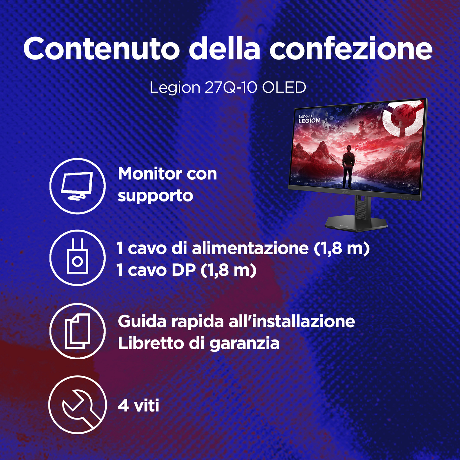Contenuto della confezione: Monitor con supporto, cavo alimentazione, cavo DP, manuale, garanzia e 4 viti.