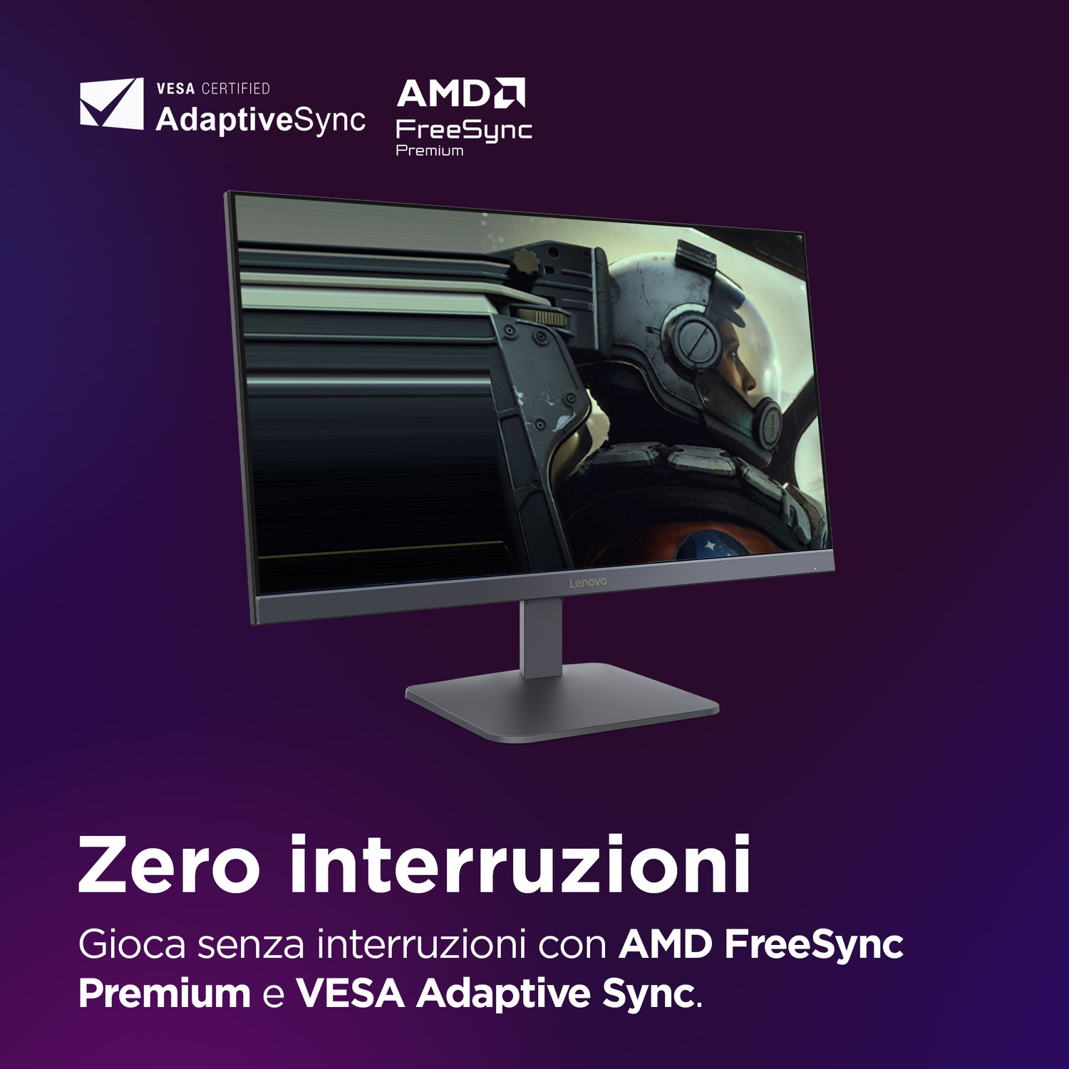 Un monitor mostra un gioco con un astronauta. VESA AdaptiveSync e AMD FreeSync.