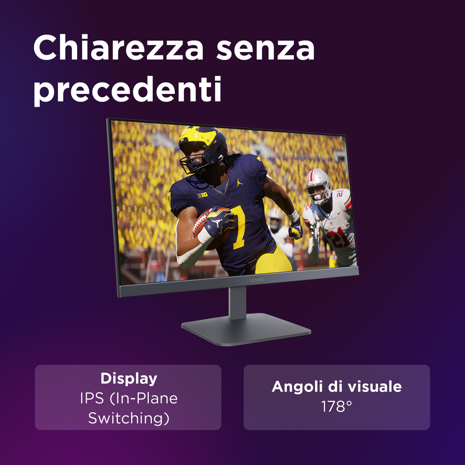 Un monitor mostra una partita di football americano con giocatori in maglia blu e bianca.