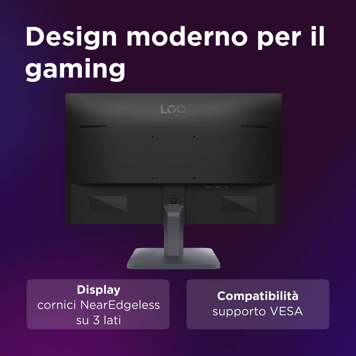 Retro di un monitor nero con logo LOQ e supporto VESA.