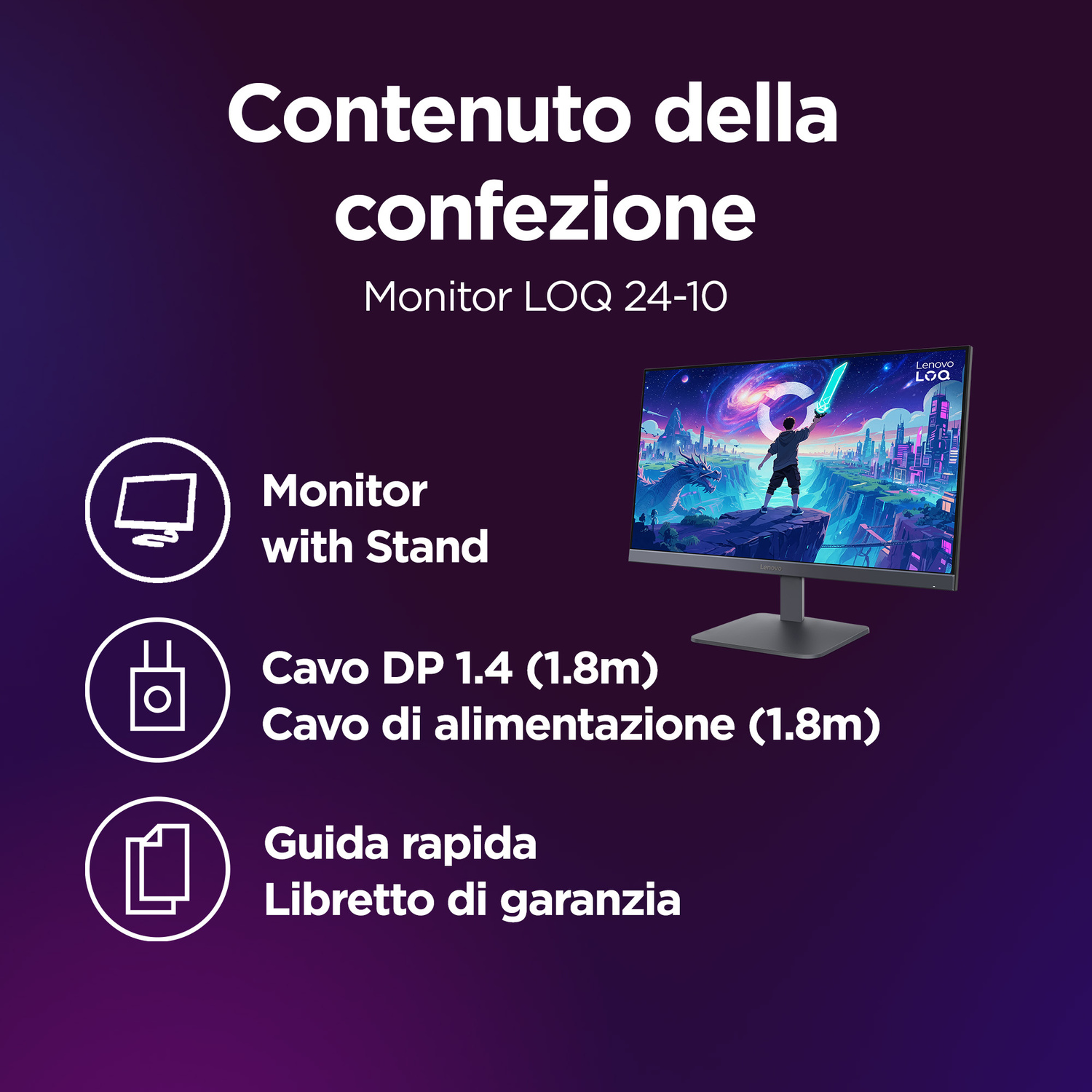 Monitor con supporto, cavo DP, cavo alimentazione, guida rapida.