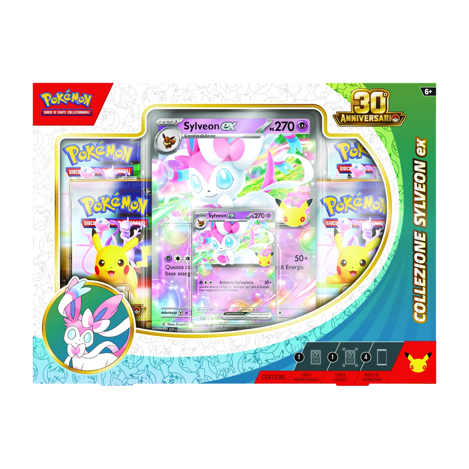 Box collezione Pokemon Sylveon EX con carte collezionabili, motivi Pikachu ed Eevee.