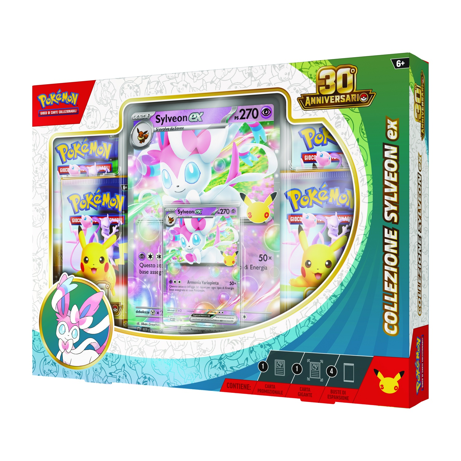 Box collezione Pokémon TCG con Sylveon EX, buste e Pikachu.
