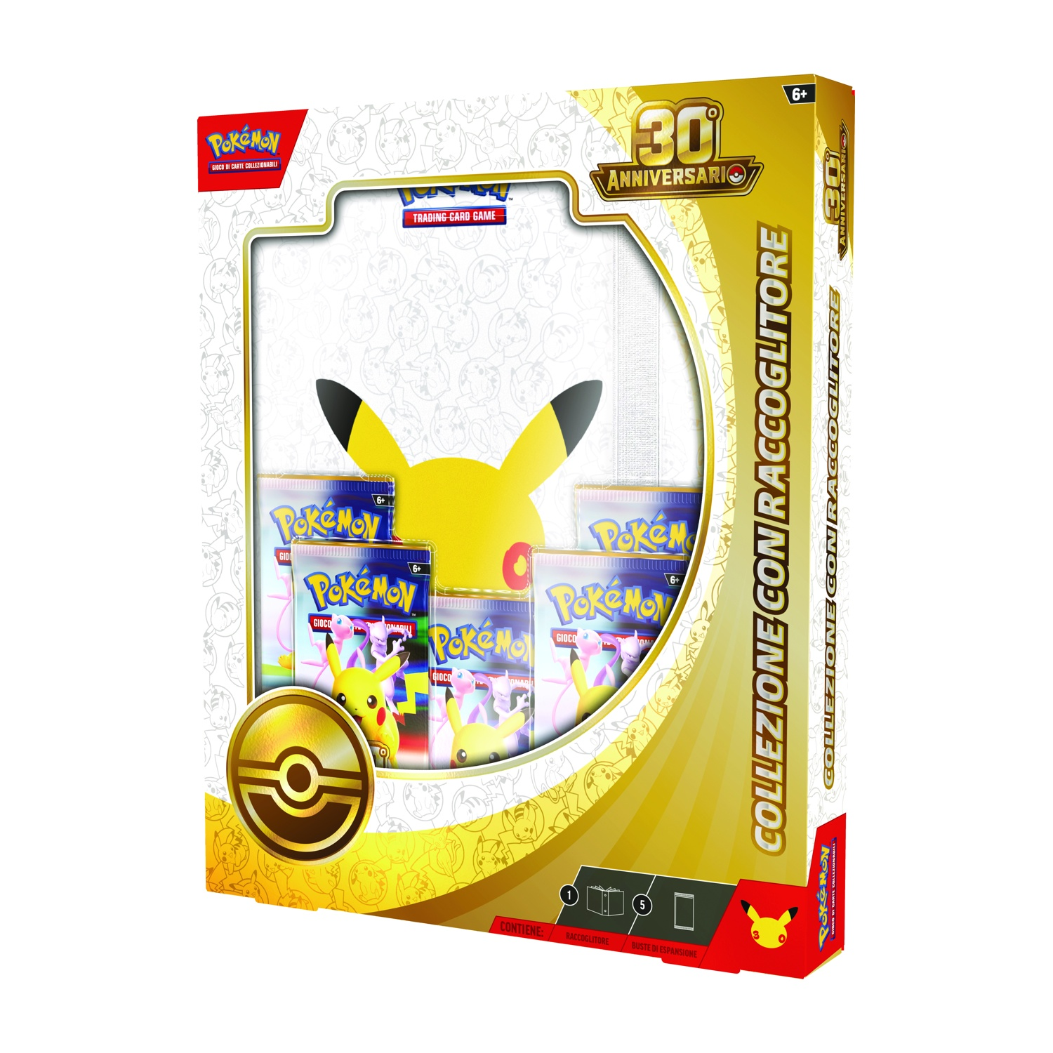 Box collezione Pokémon 30° anniversario con Pikachu, raccoglitore e pacchetti carte.