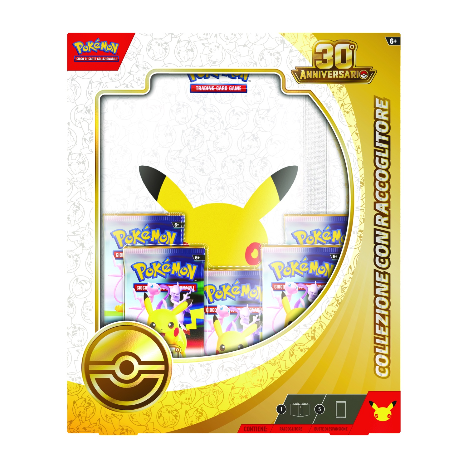 Set gioco carte collezionabili Pokémon 30° Anniversario con Pikachu, pacchi e raccoglitore.