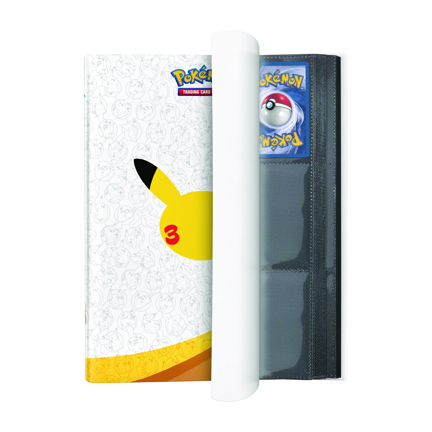 Raccoglitore per carte collezionabili Pokémon con design Pikachu, aperto per mostrare carte.