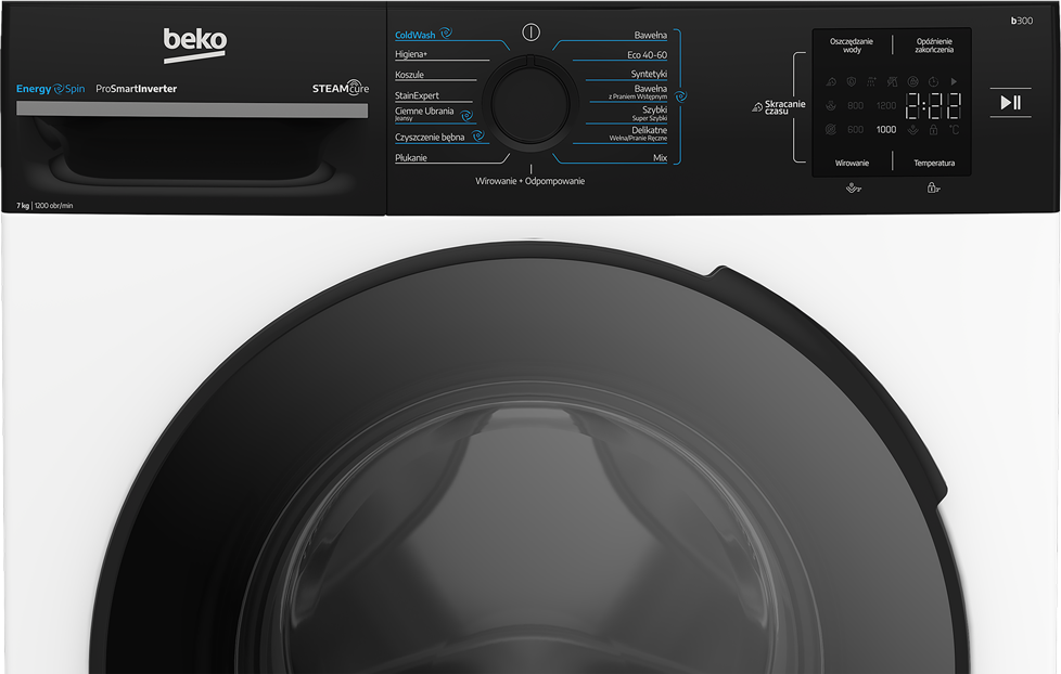 Panel sterowania pralki Beko z programami i cyfrowym wyświetlaczem.