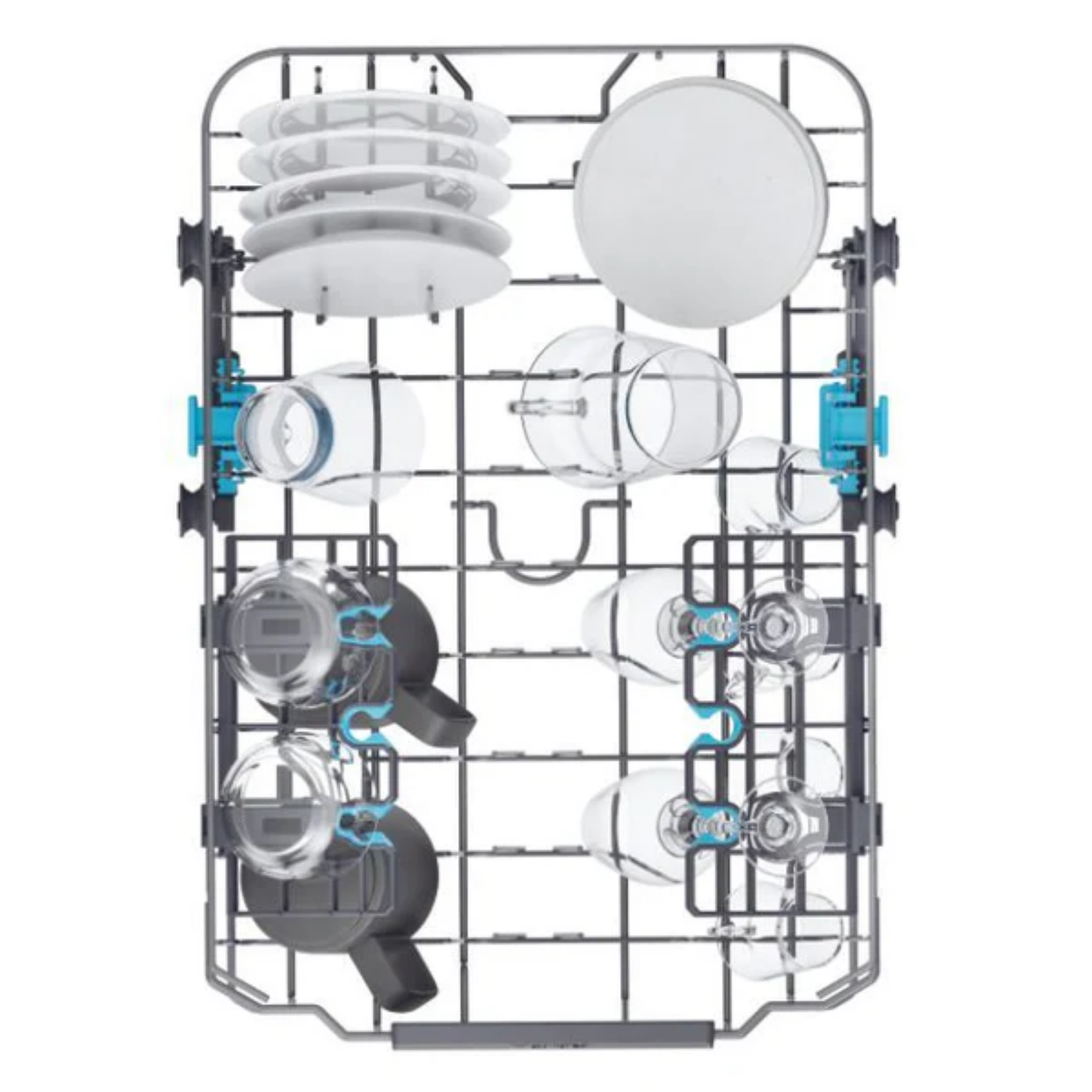 Cesta de lavavajillas con platos, vasos y tazas. Estante superior con platos, inferior con vasos.