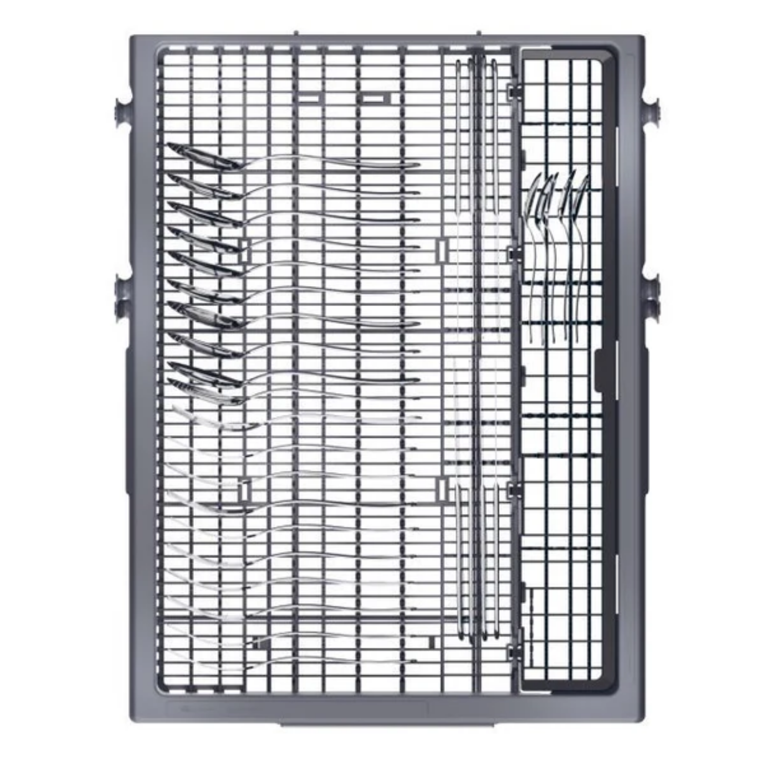 Una cesta de lavavajillas gris con cubiertos, cucharas y tenedores ordenados en filas.