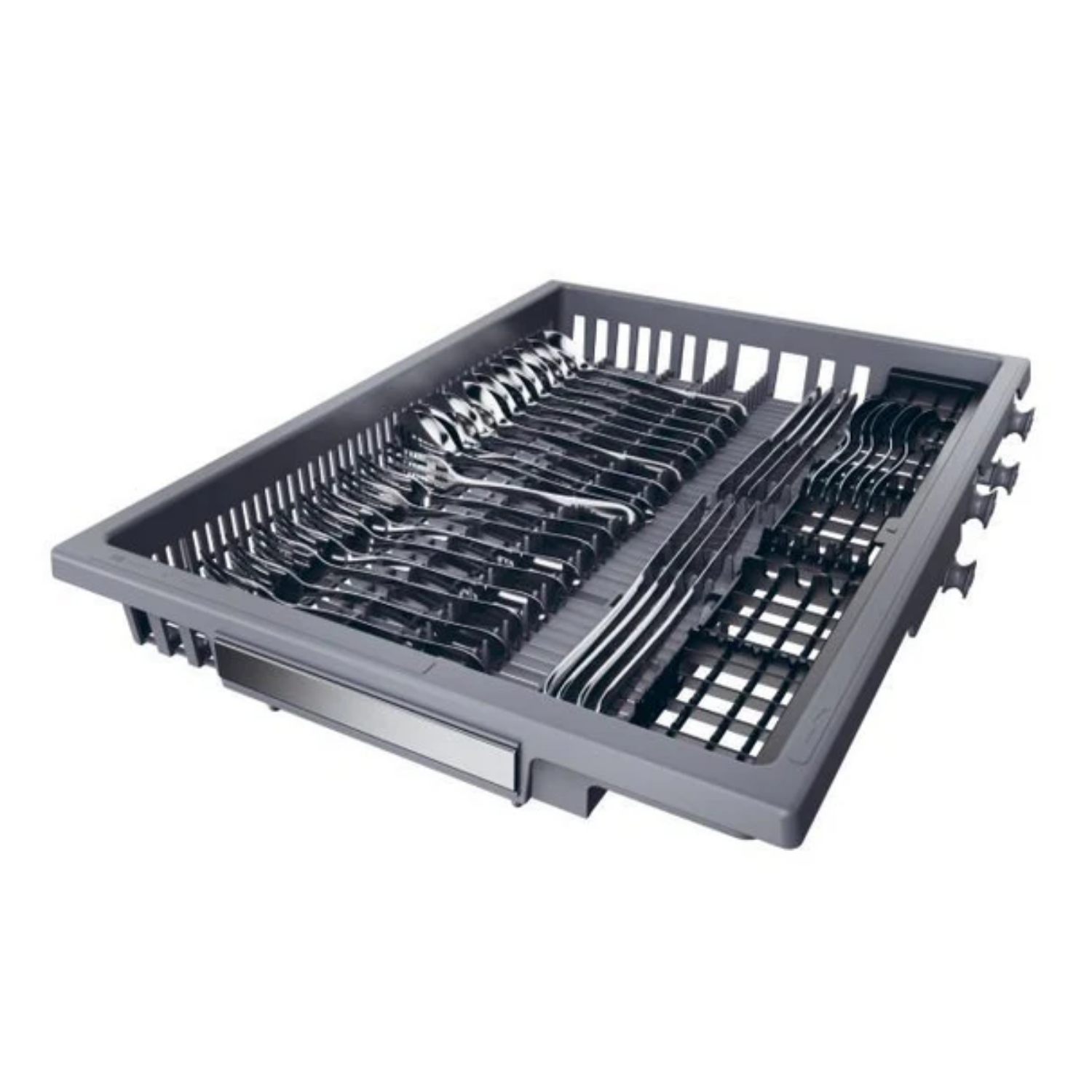 Cesta para cubiertos de lavavajillas llena de cubiertos limpios, cucharas y tenedores.