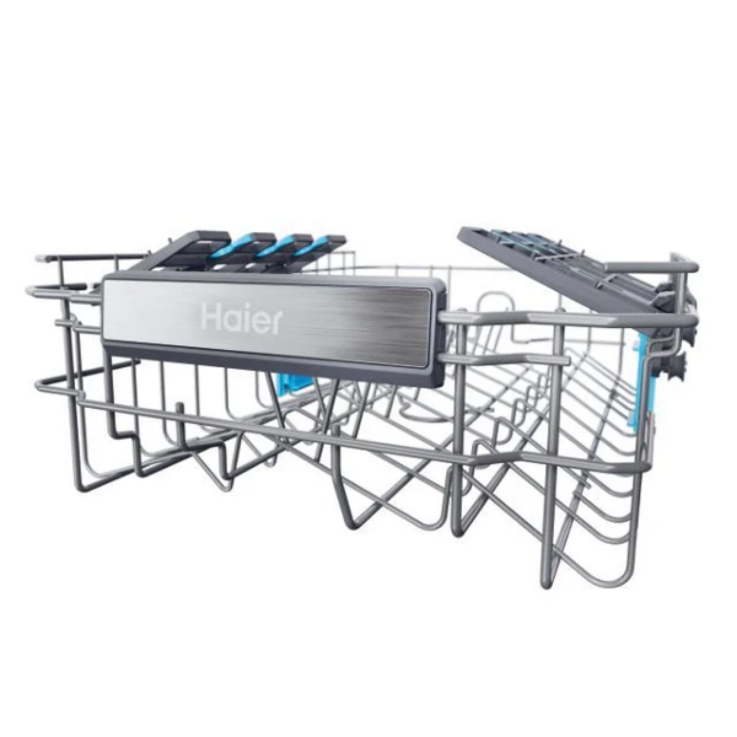 Una cesta de lavavajillas Haier de metal con detalles azules.