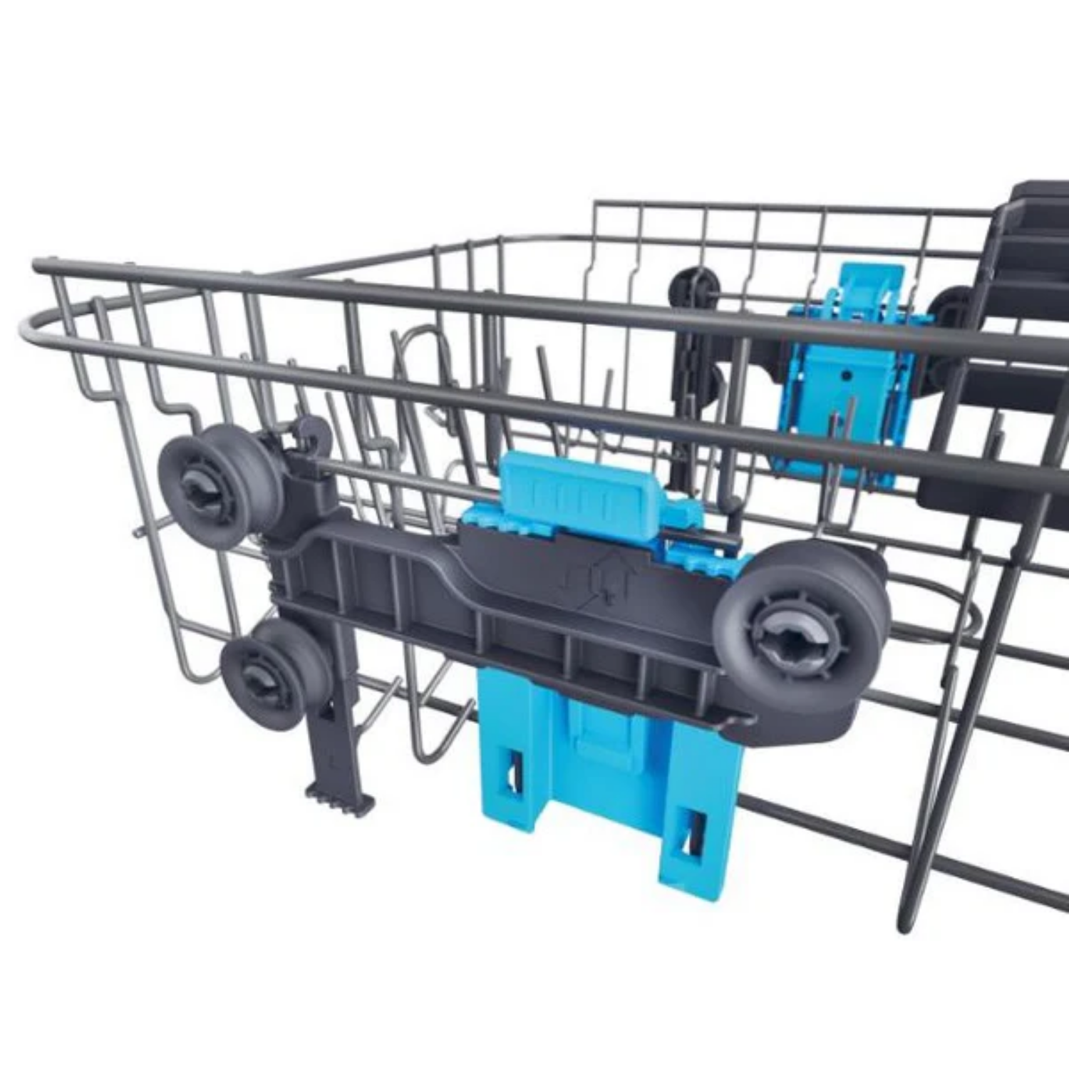 Parte de una cesta de lavavajillas con clips azules y ruedas grises.