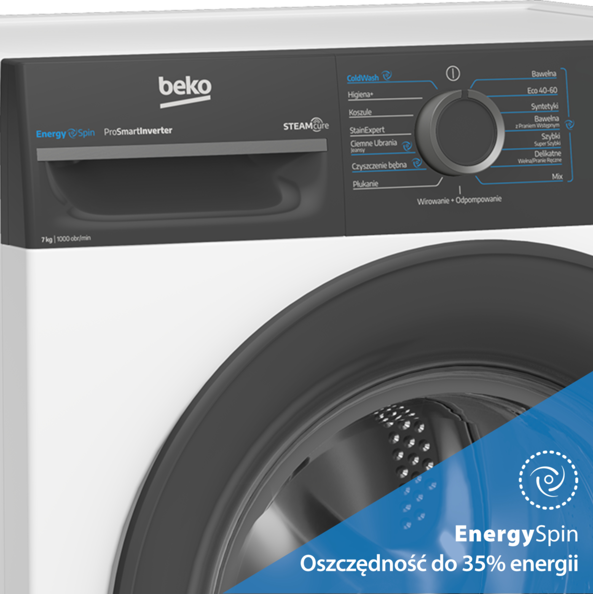 Pralka Beko z panelem sterowania i bębnem. Energooszczędna.