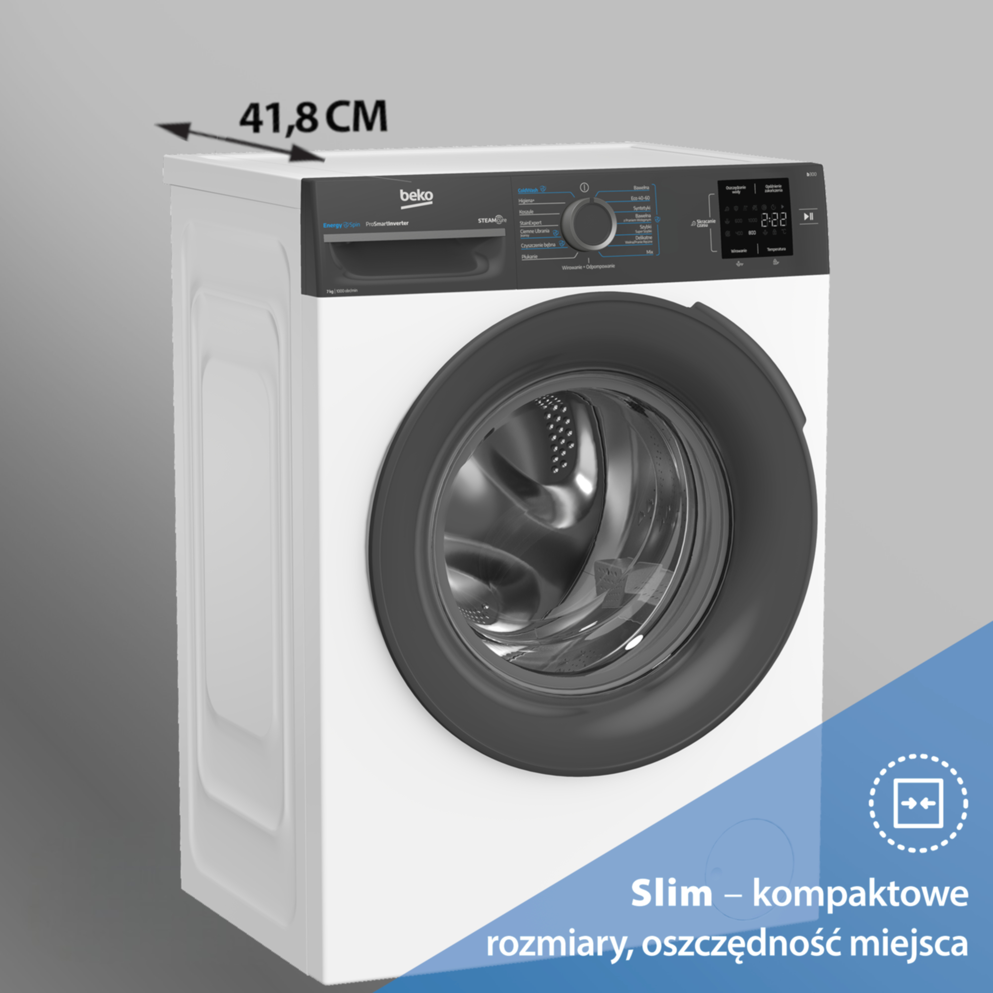 Biała pralka Beko z czarnymi drzwiami i wyświetlaczem, głębokość 41,8 cm.