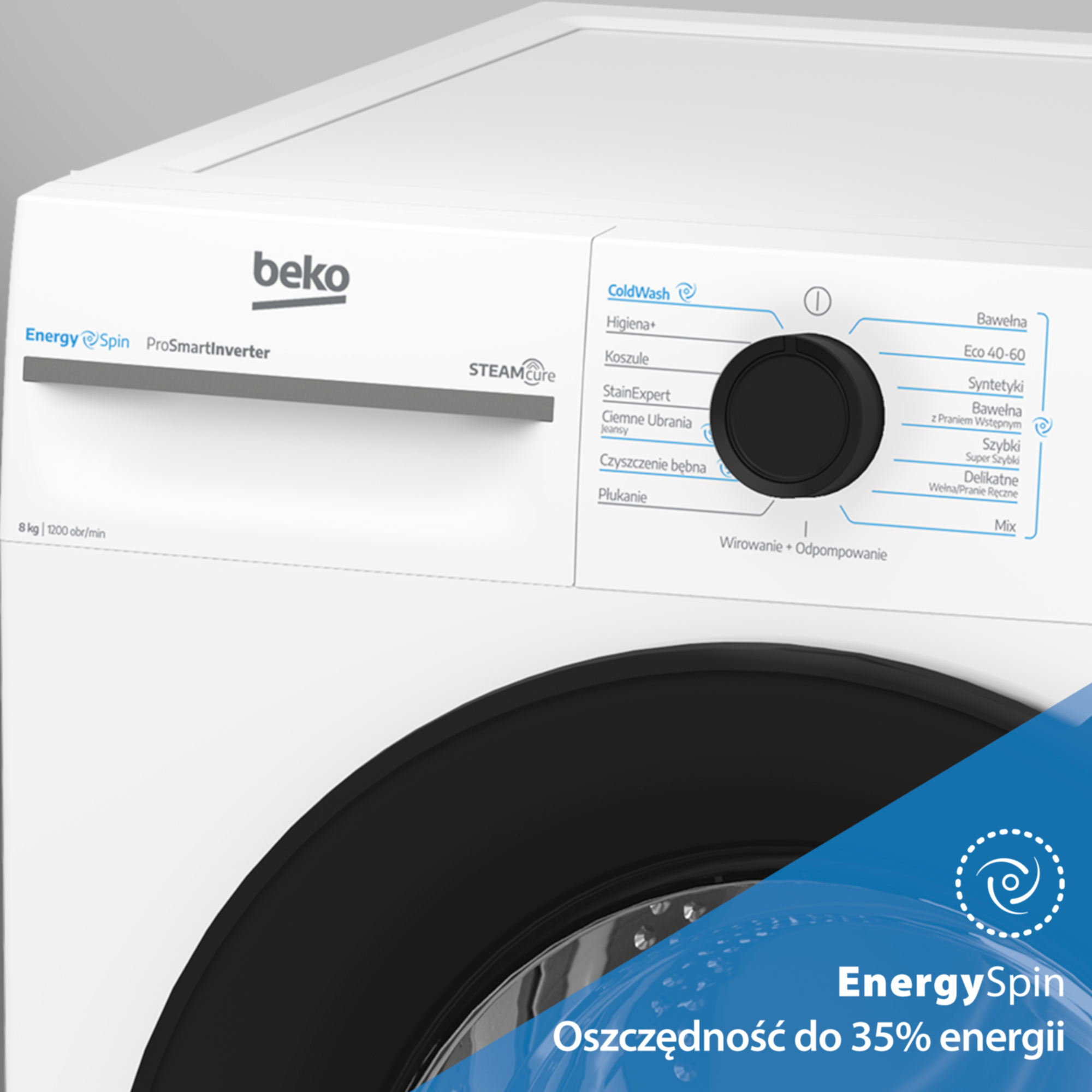 Biała pralka Beko z panelem sterowania i logo Energy Spin. Oszczędność do 35%.