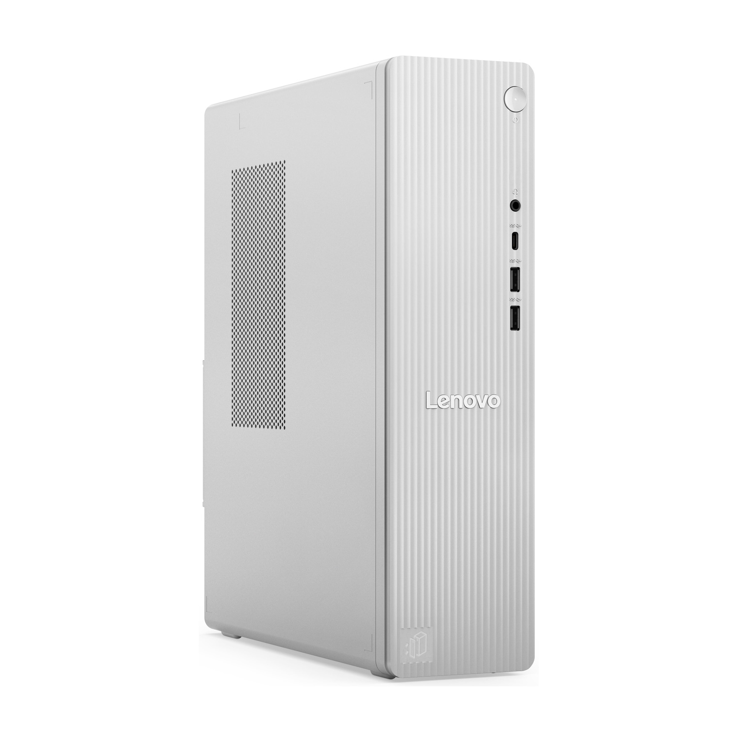 Un tower PC Lenovo bianco con pannello frontale scanalato e griglia di ventilazione.