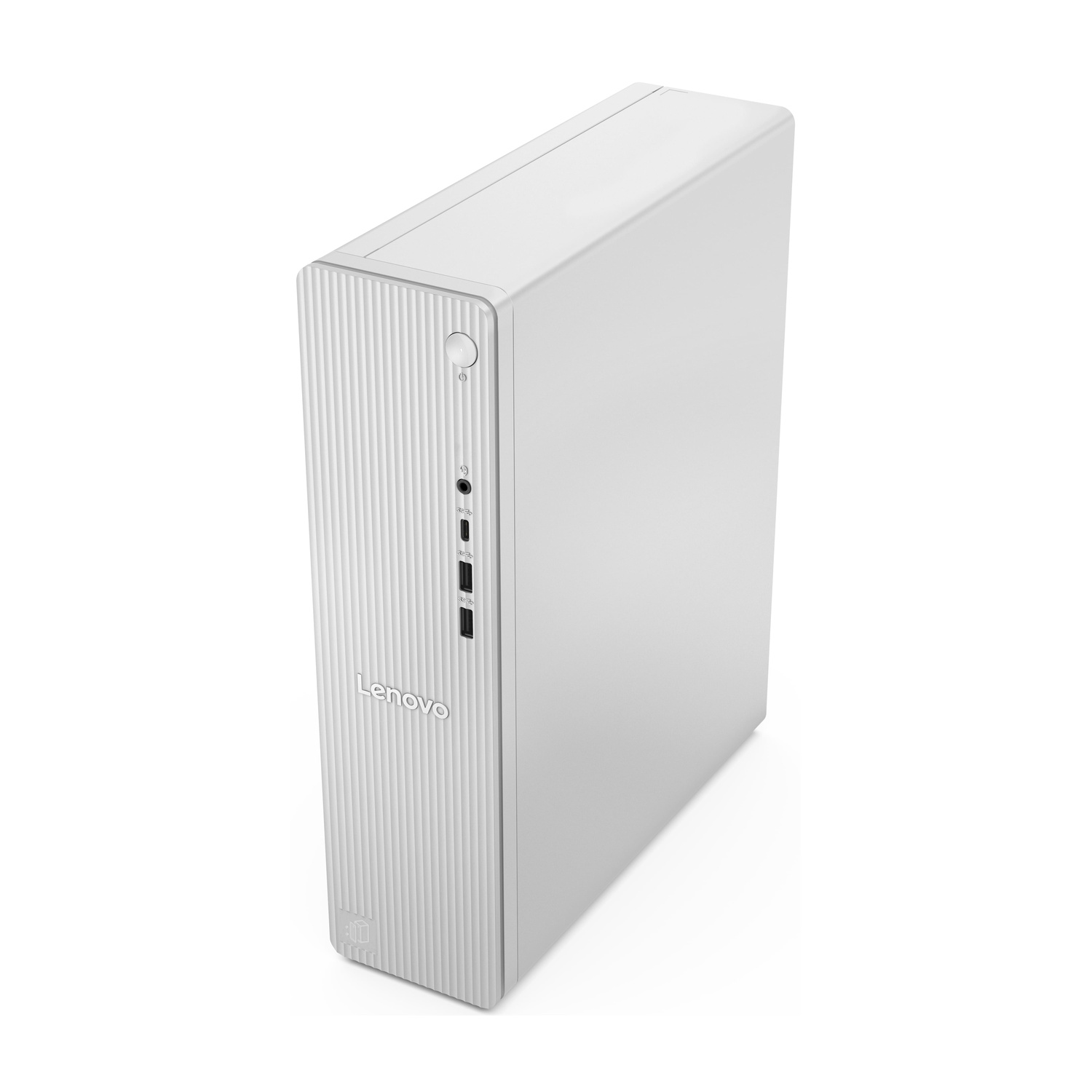 Una tower PC Lenovo bianca con nervature verticali sul davanti e porte.