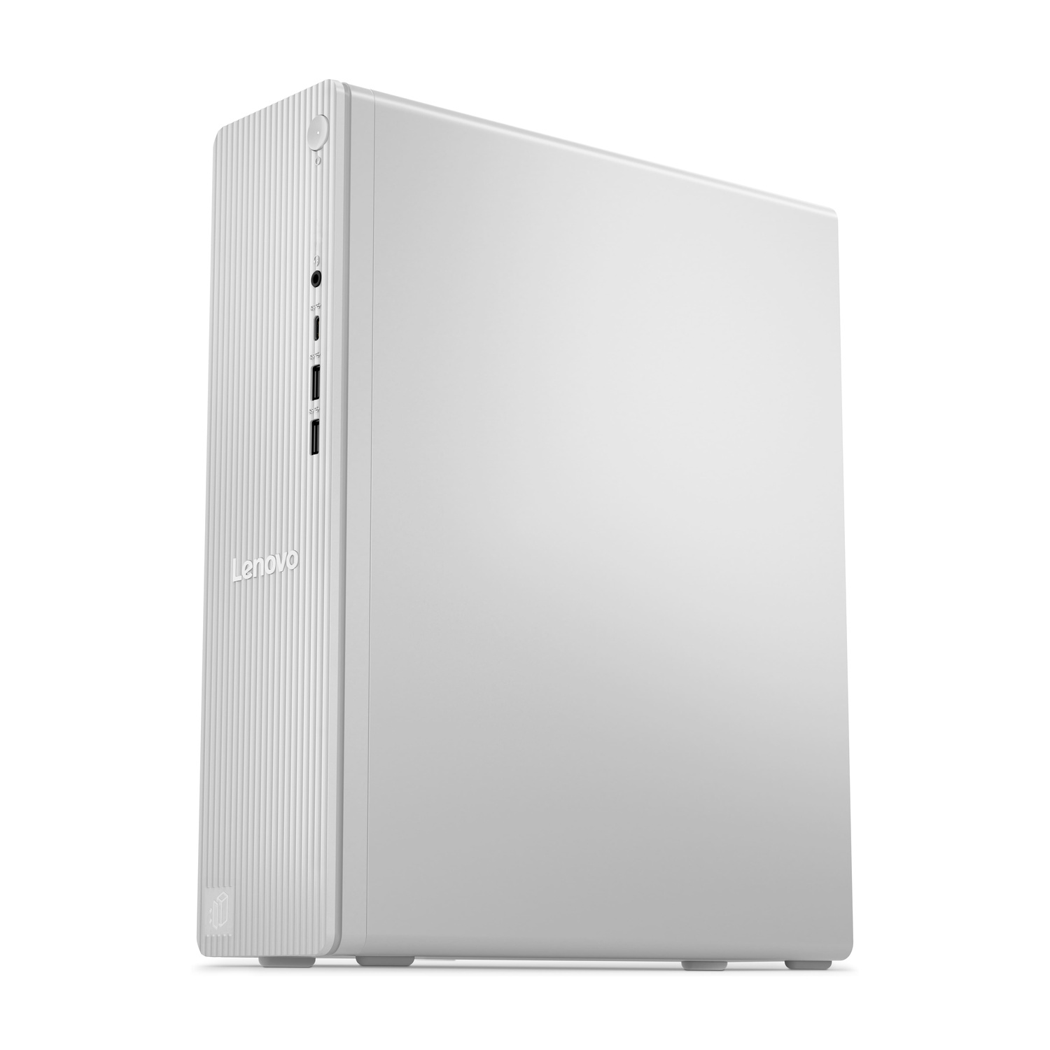Un PC Lenovo bianco su sfondo bianco. Porte e pulsante di accensione sul lato sinistro.