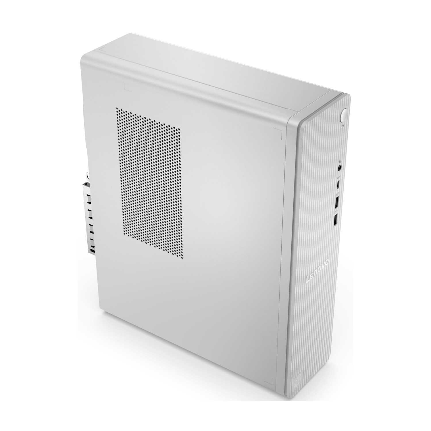 Un PC Lenovo bianco con feritoie di ventilazione e porte frontali.