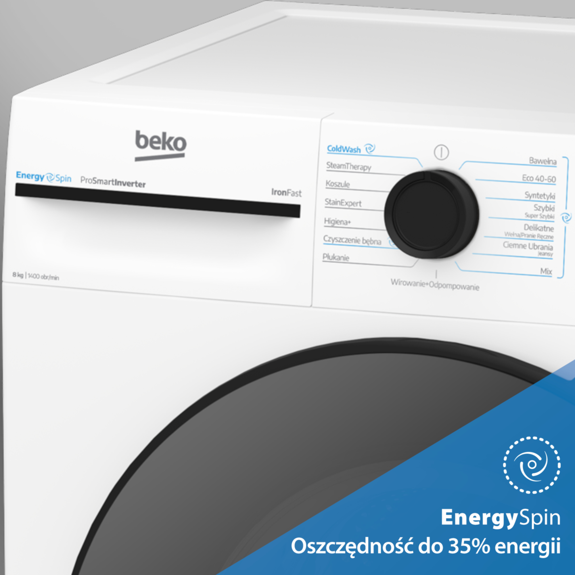 Zbliżenie białej pralki Beko, ukazujące panel sterowania i drzwi.