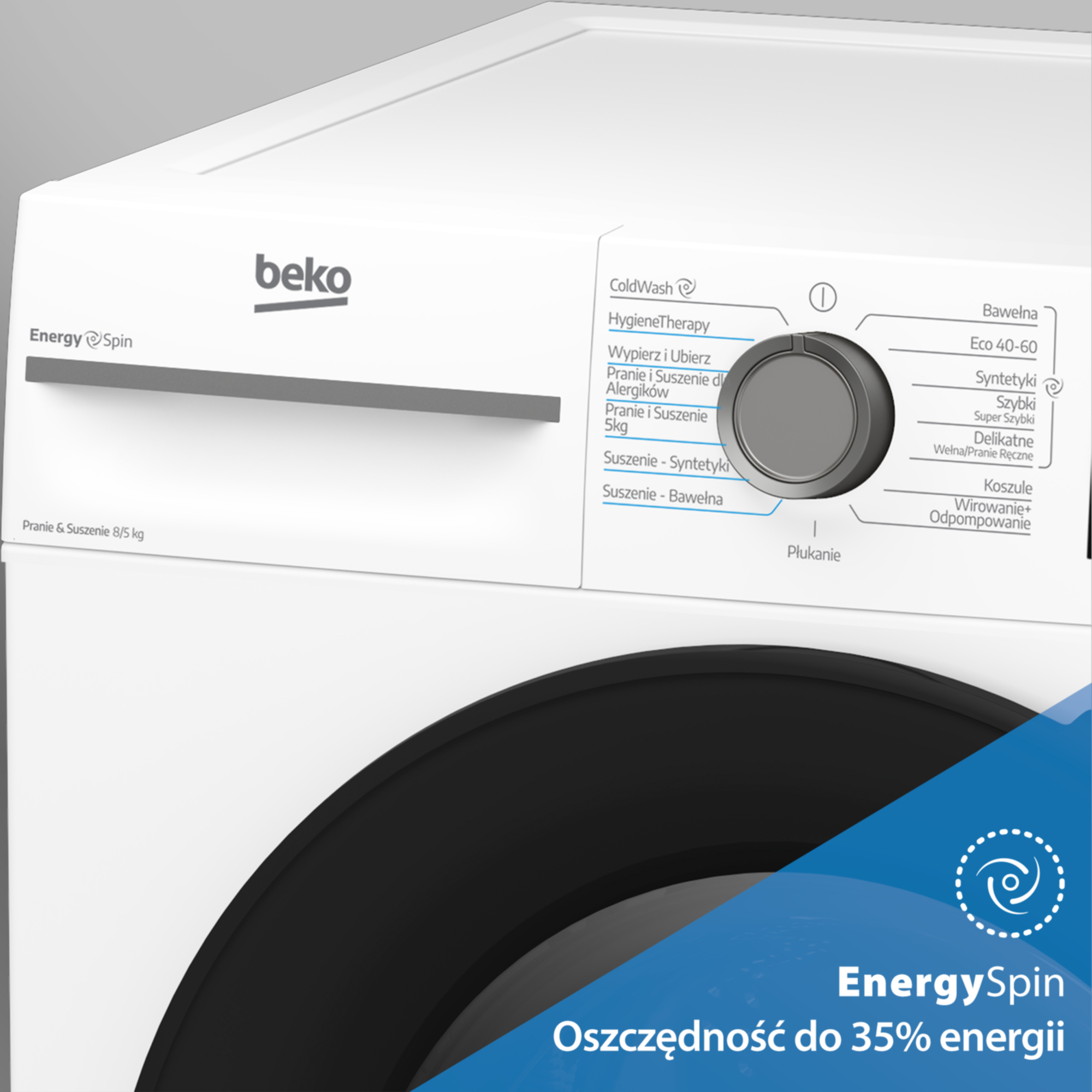 Biała pralka Beko z panelem sterowania i bębnem. Logo oszczędności energii.