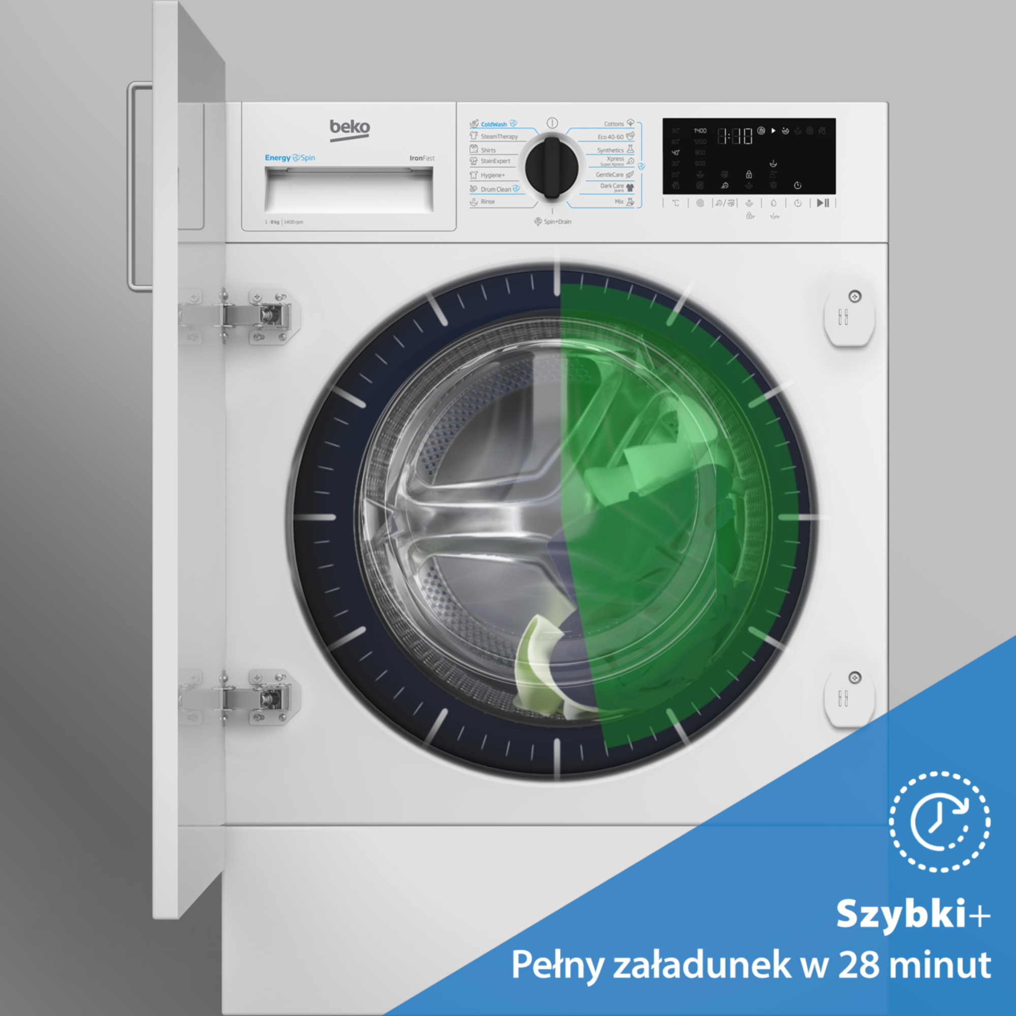 Biała pralka Beko z otwartymi drzwiami i cyfrowym wyświetlaczem.
