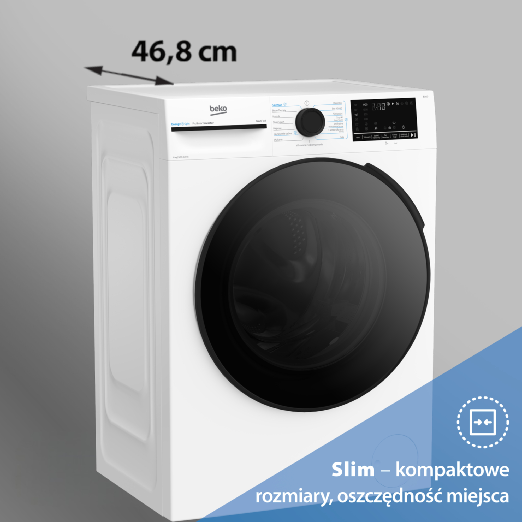 Smukła biała pralka Beko z czarnymi drzwiami i cyfrowym wyświetlaczem. 46,8 cm.