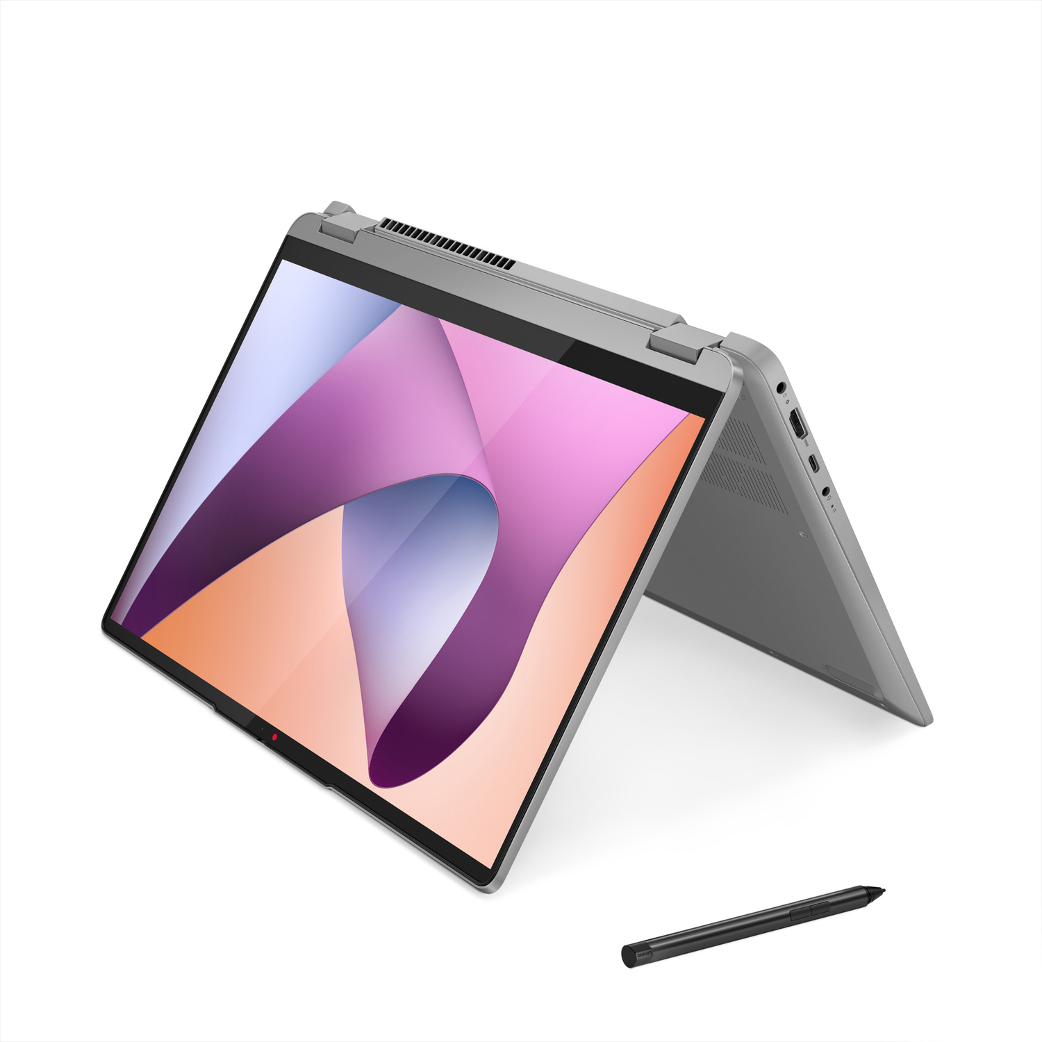 Un laptop convertibile grigio con stilo su sfondo bianco.