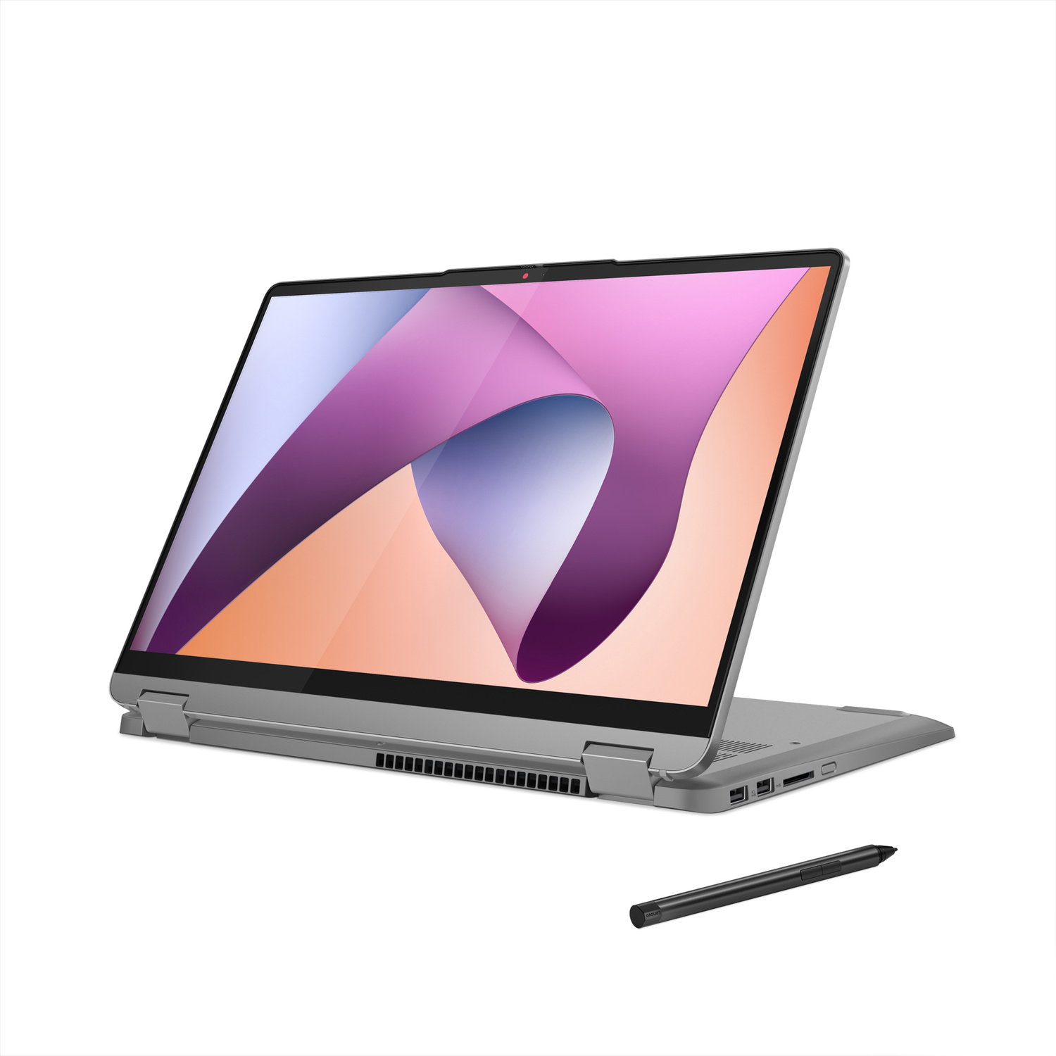 Un laptop argentato è aperto, con uno stilo davanti. Lo schermo mostra forme astratte colorate.