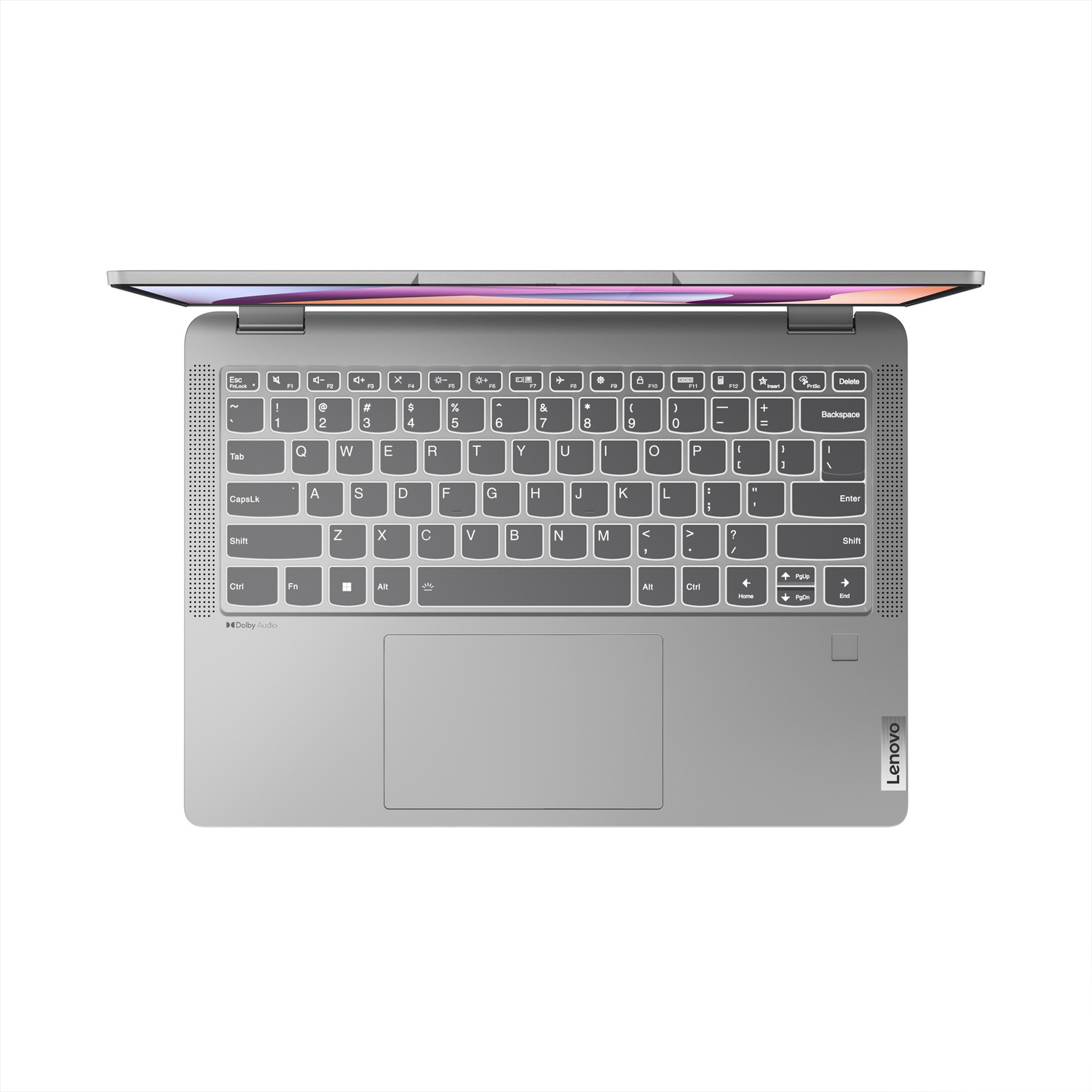 Vista dall'alto di un laptop Lenovo argentato aperto con tastiera e trackpad.