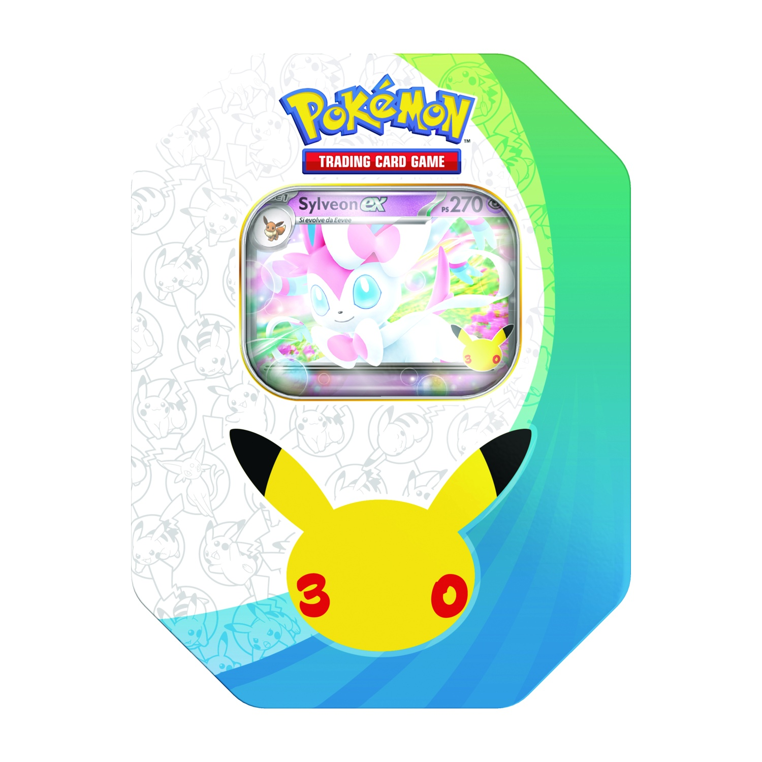 Latta del Gioco di Carte Collezionabili Pokémon con Sylveon EX e Pikachu.