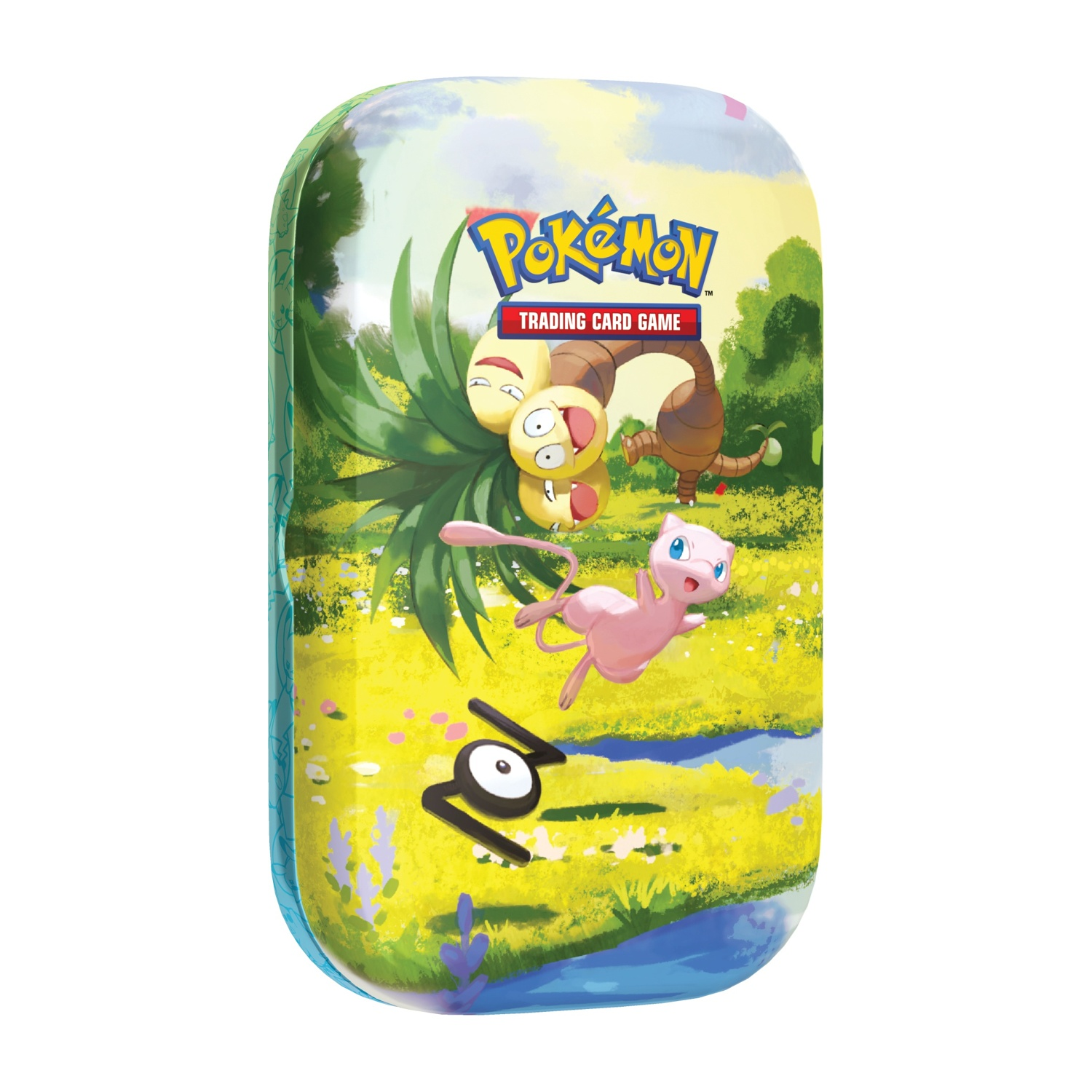 Lattina Pokémon con Mew, Unown e altre creature in un paesaggio verde.