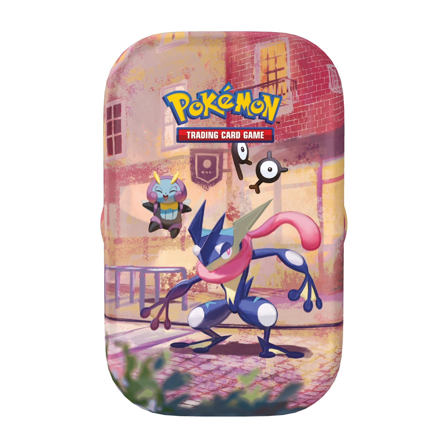 Lattina Pokémon con Greninja, Joltik e Unown davanti a un edificio in mattoni.