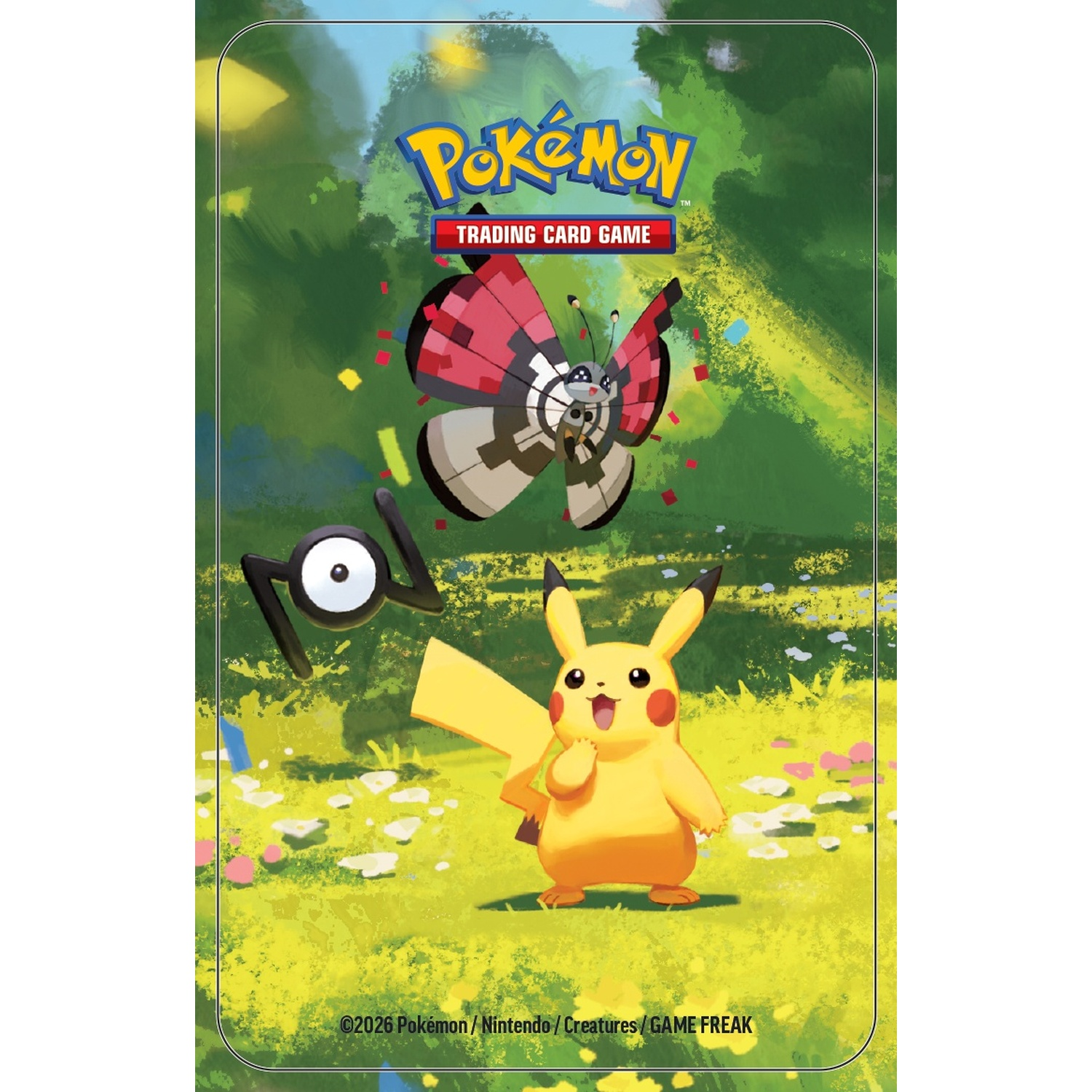 Pikachu, Unown e un Pokémon farfalla si trovano in un campo erboso con coriandoli.