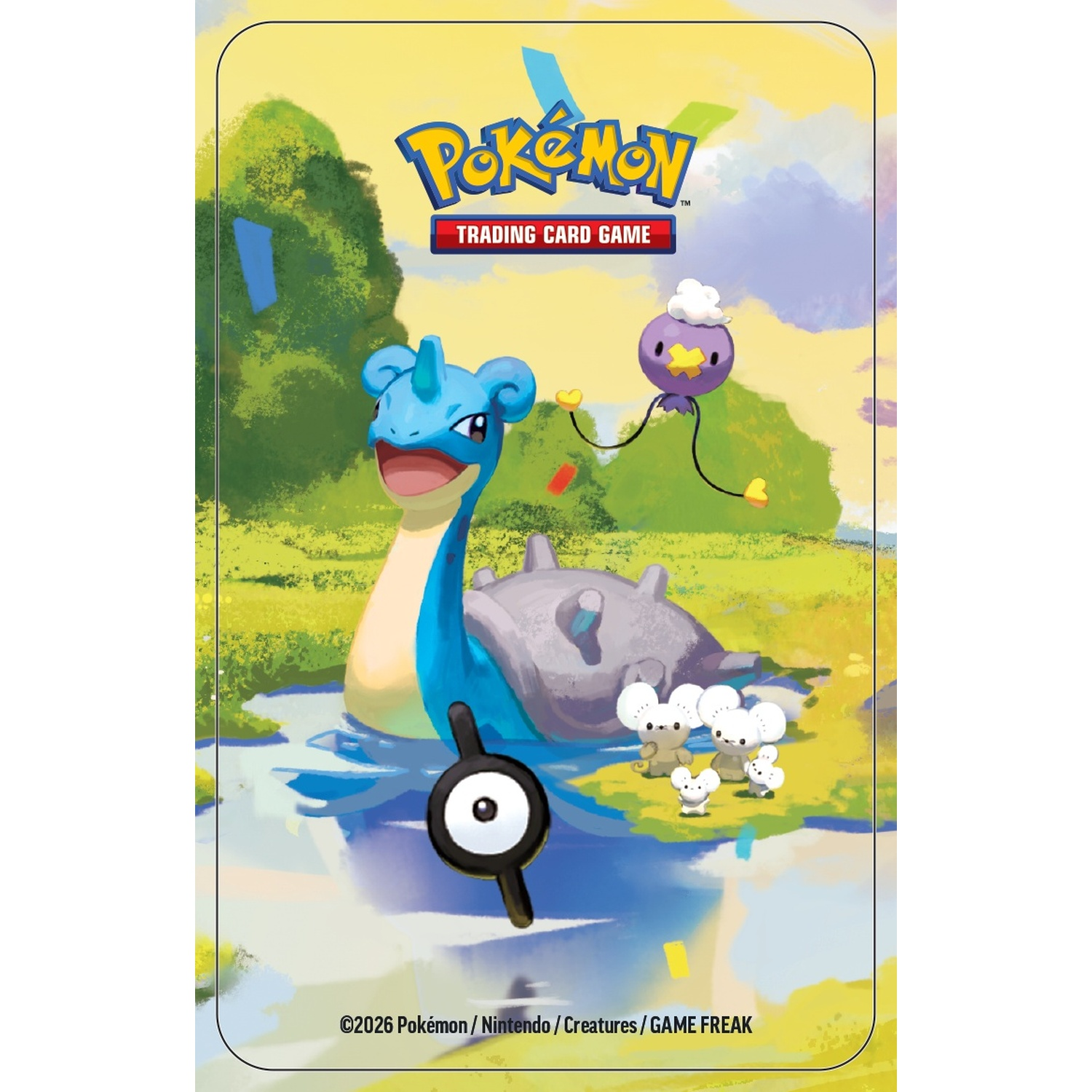 Arte del Gioco di Carte Collezionabili Pokémon con Lapras, Drifloon, Unown e Pokémon topo all'aperto.
