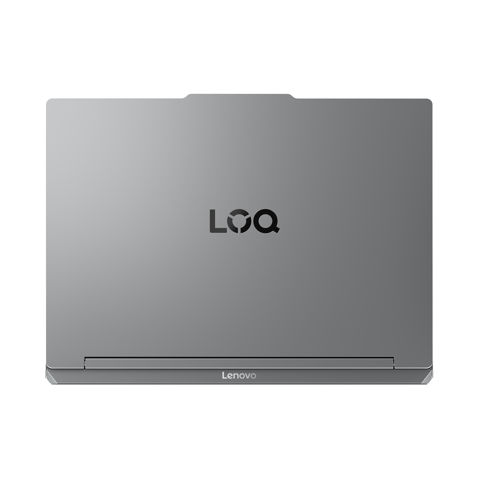 Kapakta LOQ ve Lenovo logoları bulunan kapalı, gri bir dizüstü bilgisayar.