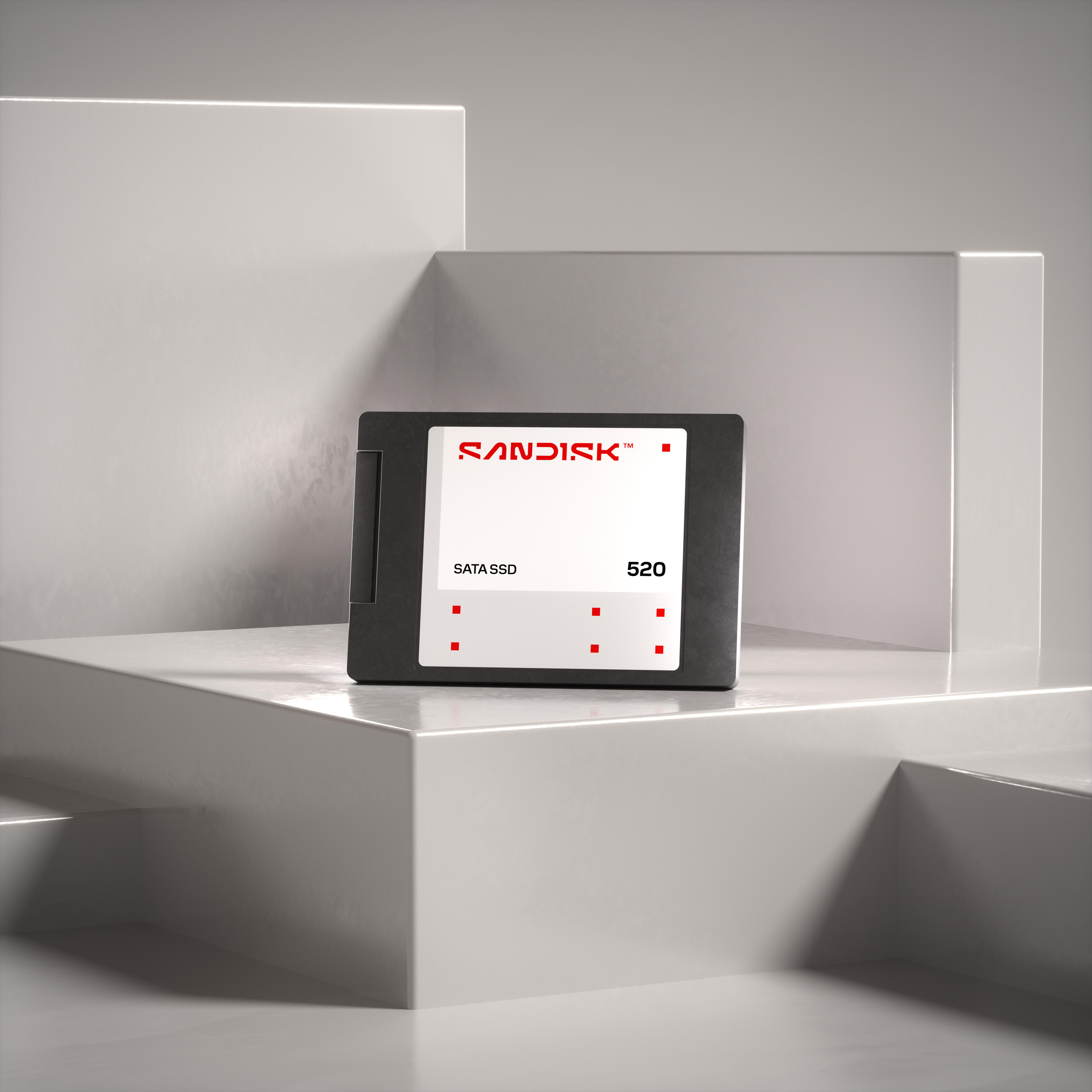 Sandisk SATA SSD 520 mit rotem Logo auf einem weißen Podest.