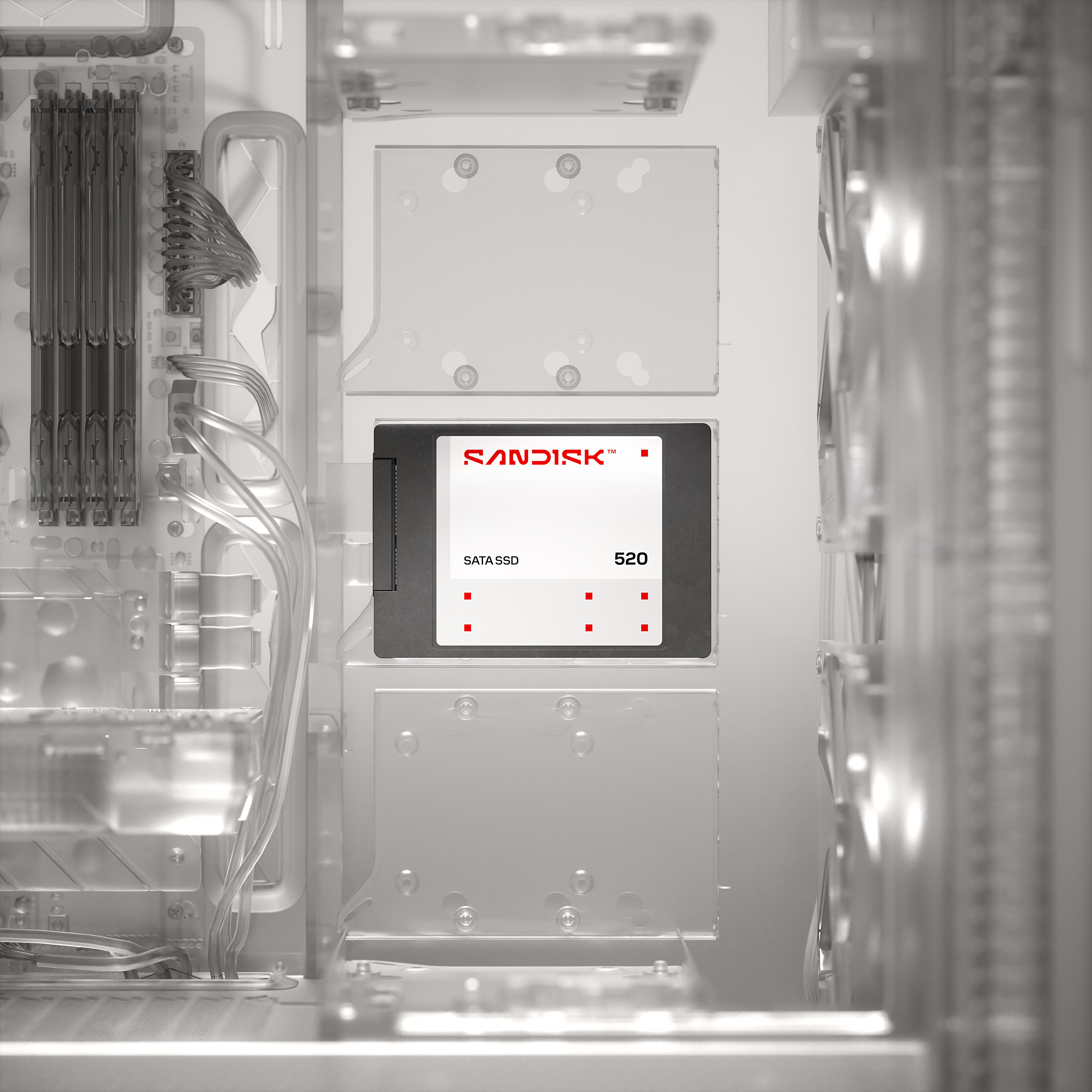 Sandisk SATA SSD 520 in einem Computergehäuse mit RAM-Riegeln und Kabeln.