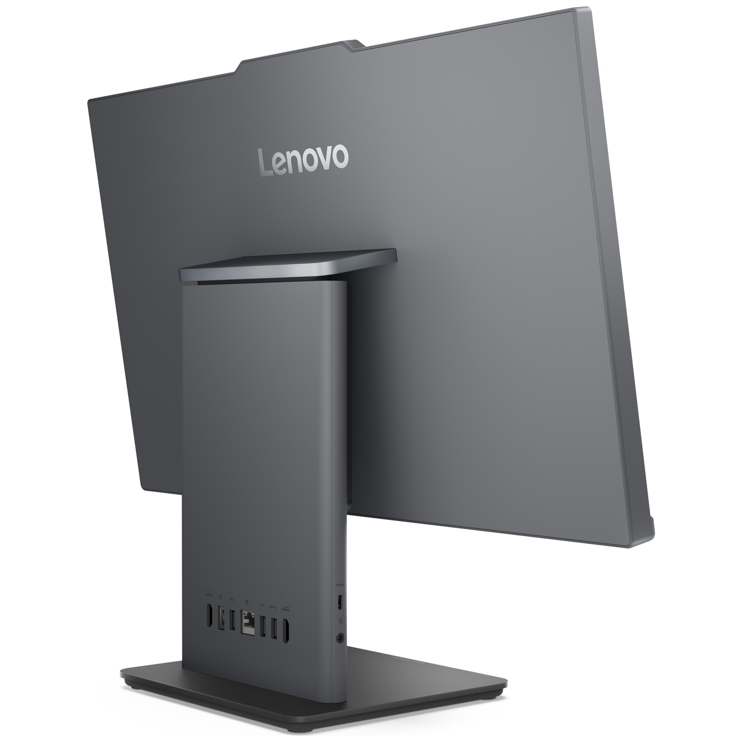Gray Lenovo All-in-One computer, rear view with ports.