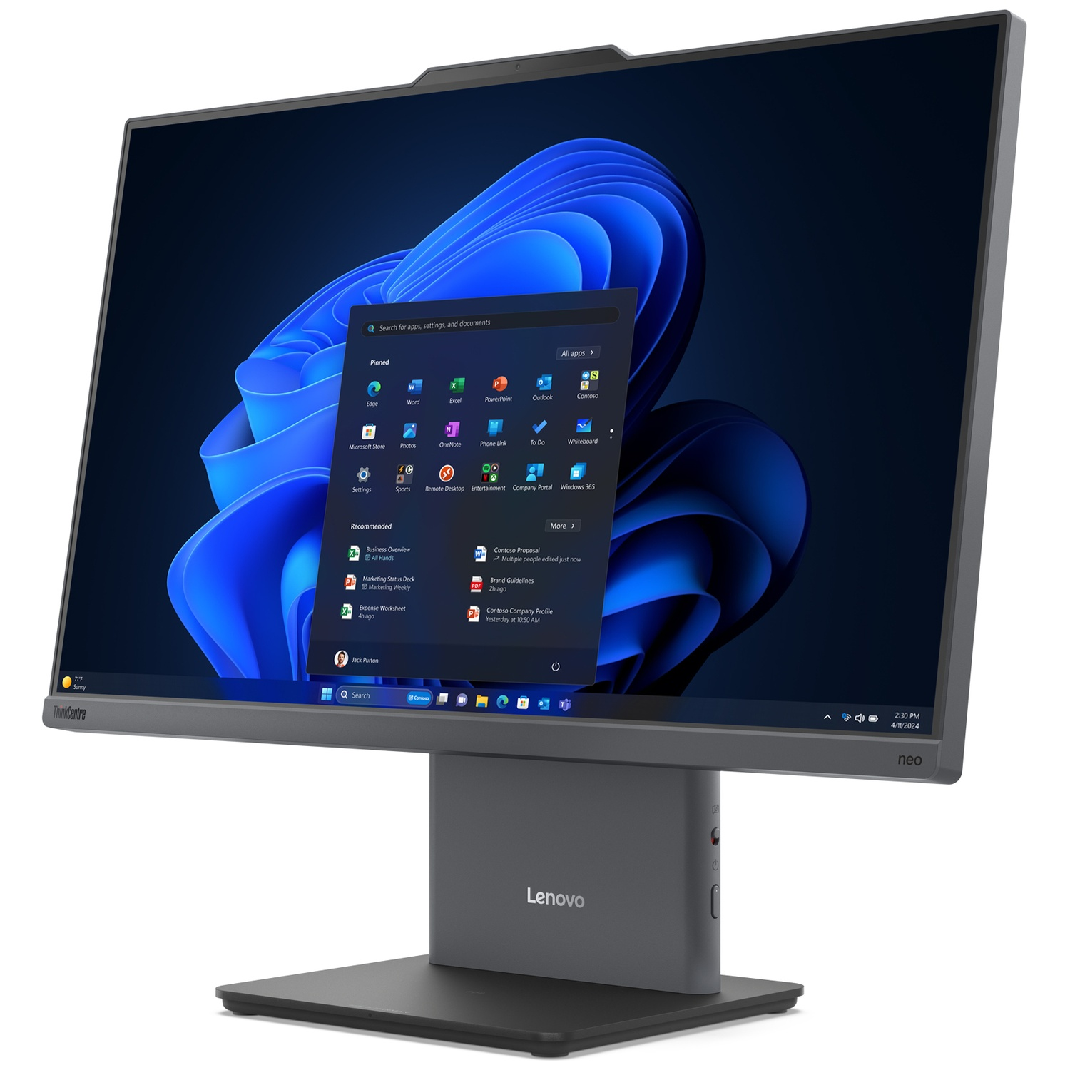 Grey Lenovo monitor displaying Windows 11 start menu, blue wavy wallpaper, and base.