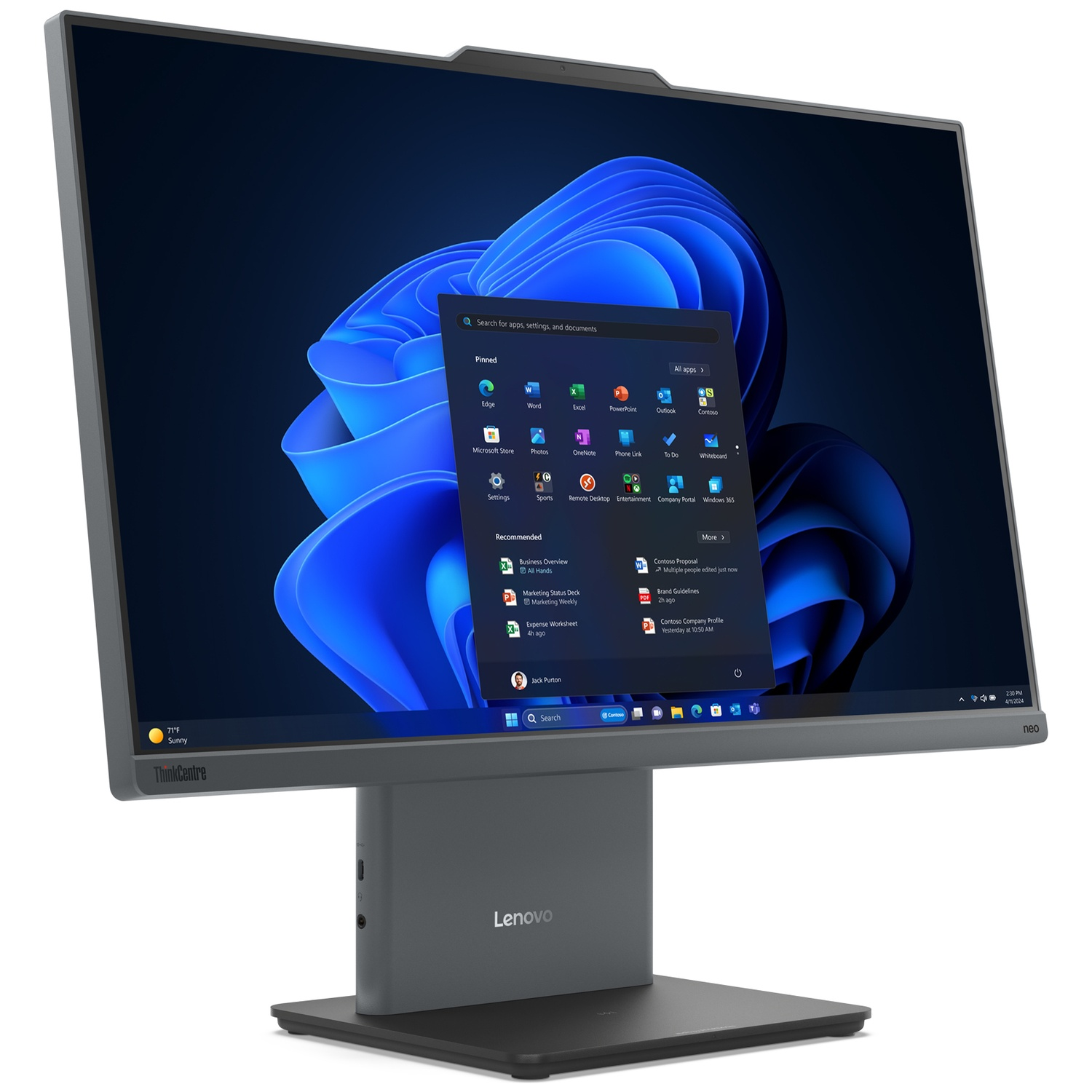 A dark gray Lenovo ThinkCentre monitor displays Windows 11 with a blue abstract wallpaper and open start menu.