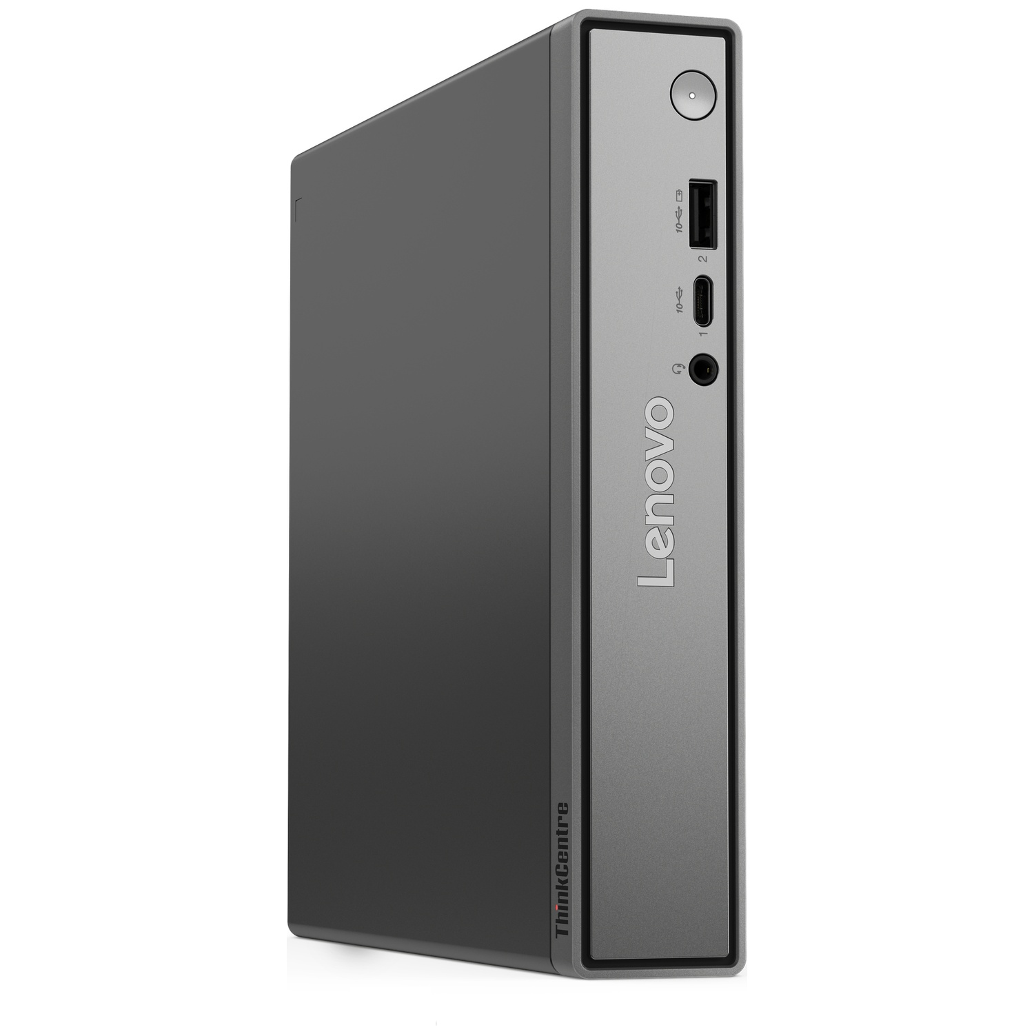 Grijze Lenovo ThinkCentre mini-pc met poorten en aan/uit-knop.