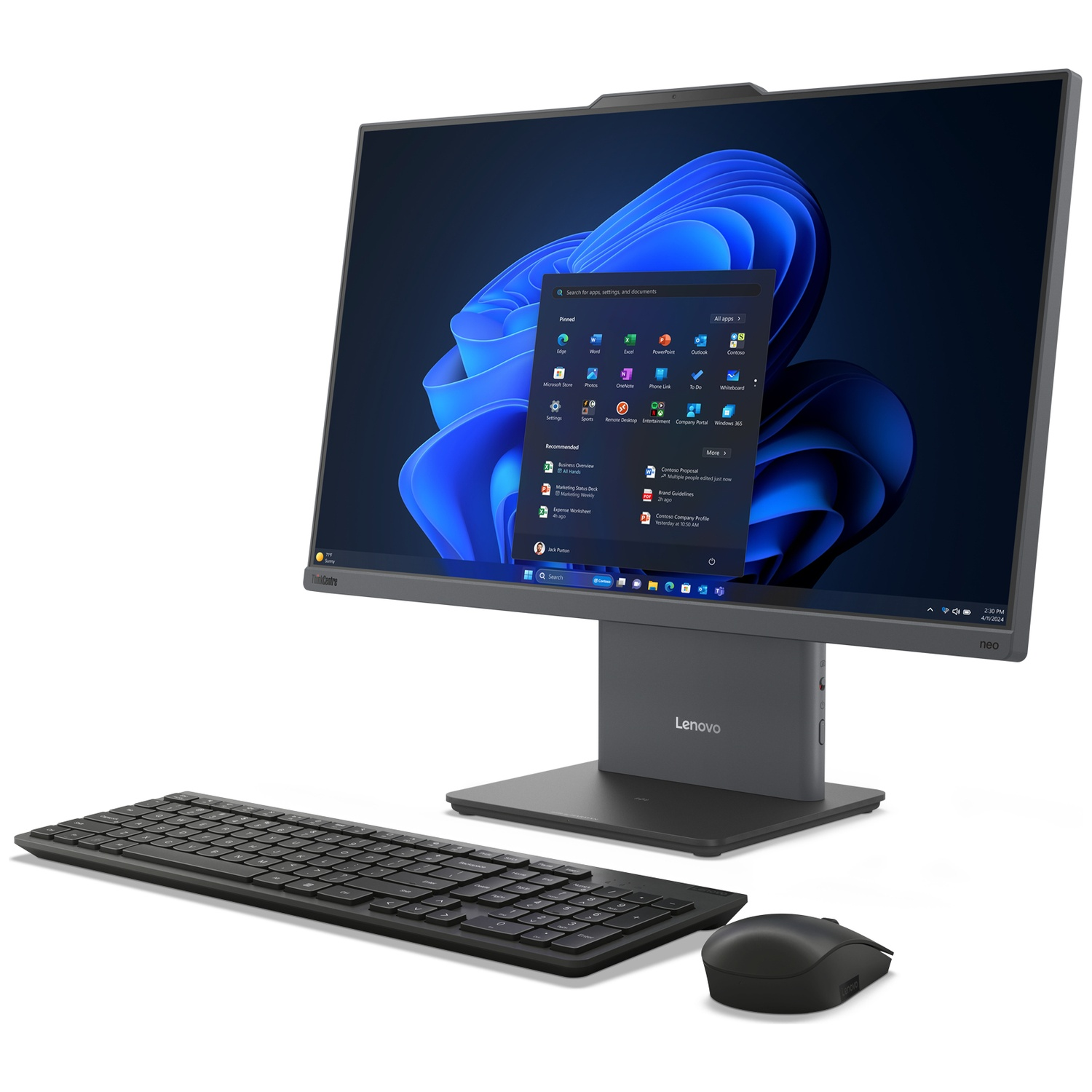 A Lenovo All-in-One computer with keyboard and mouse on a white background.
