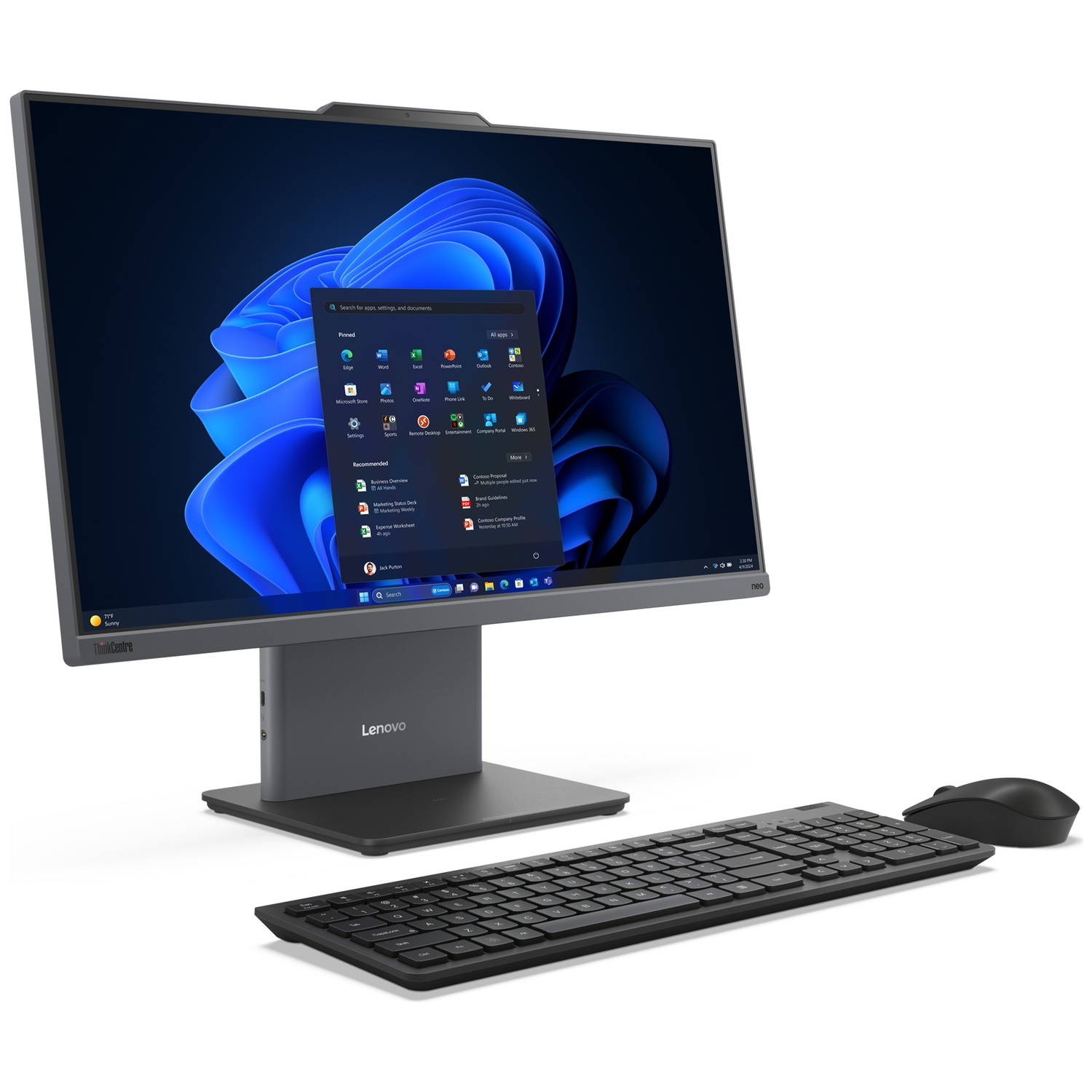 A Lenovo all-in-one computer with keyboard and mouse is on a white background.