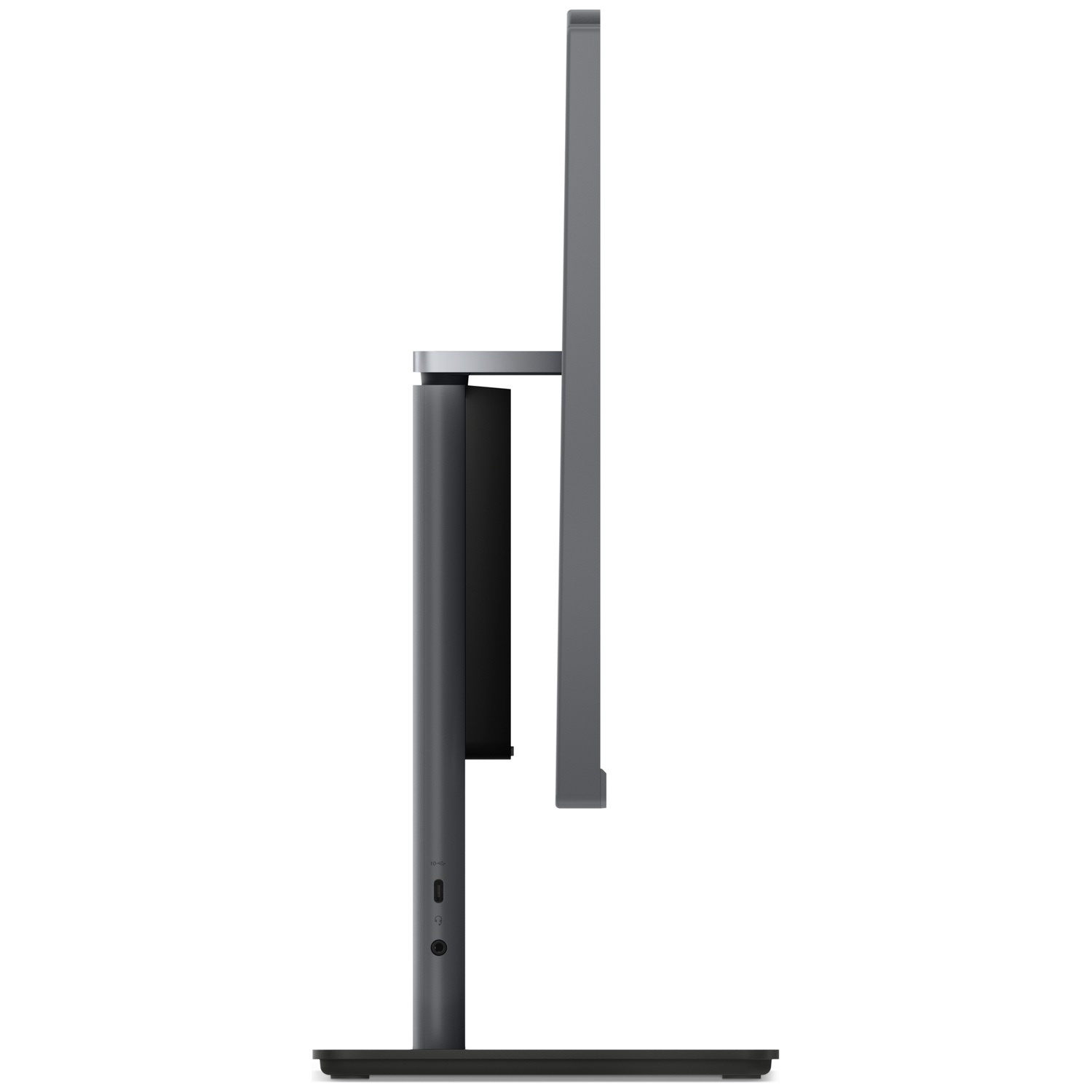 Gray monitor stand with USB-C and headphone port in profile.