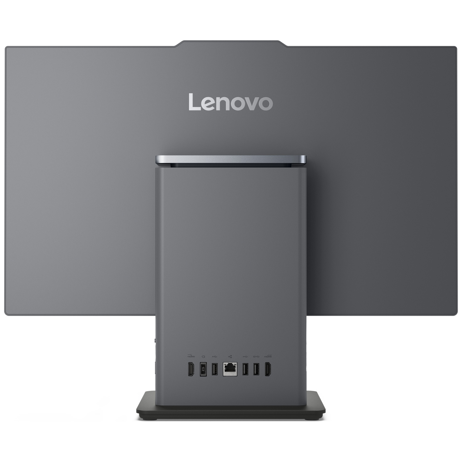 Back view of a gray Lenovo All-in-One computer with ports.