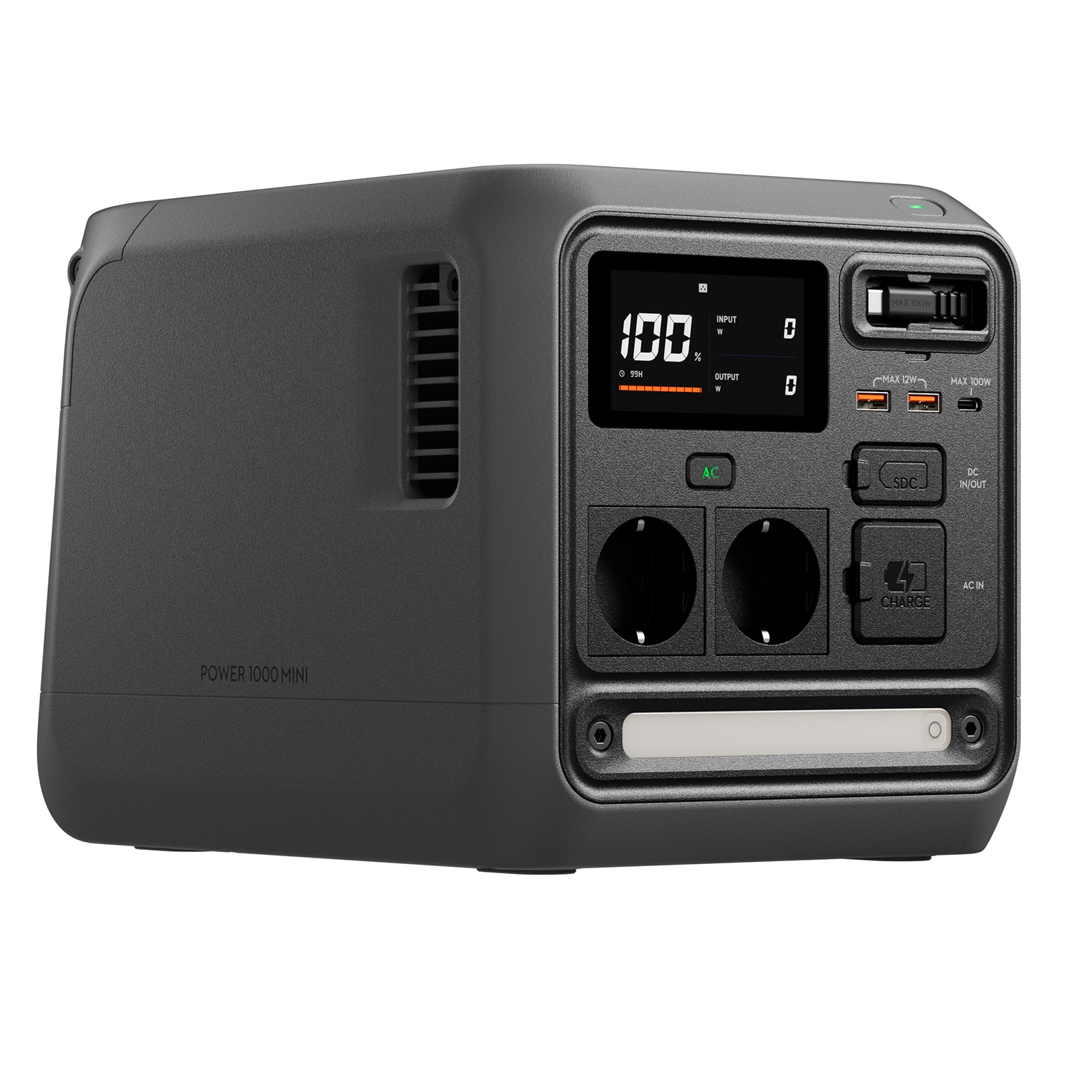 Ekranlı, portlu ve havalandırma delikli siyah Power 1000 Mini.
