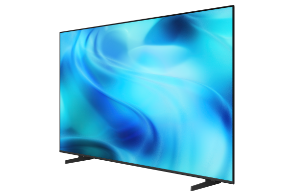 Mavi soyut arka plana sahip modern bir düz ekran TV, bir stant üzerinde.