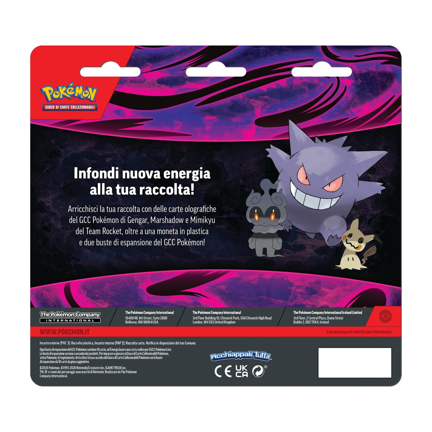 Confezione GCC Pokémon con Gengar, Marshadow, Mimikyu e moneta.