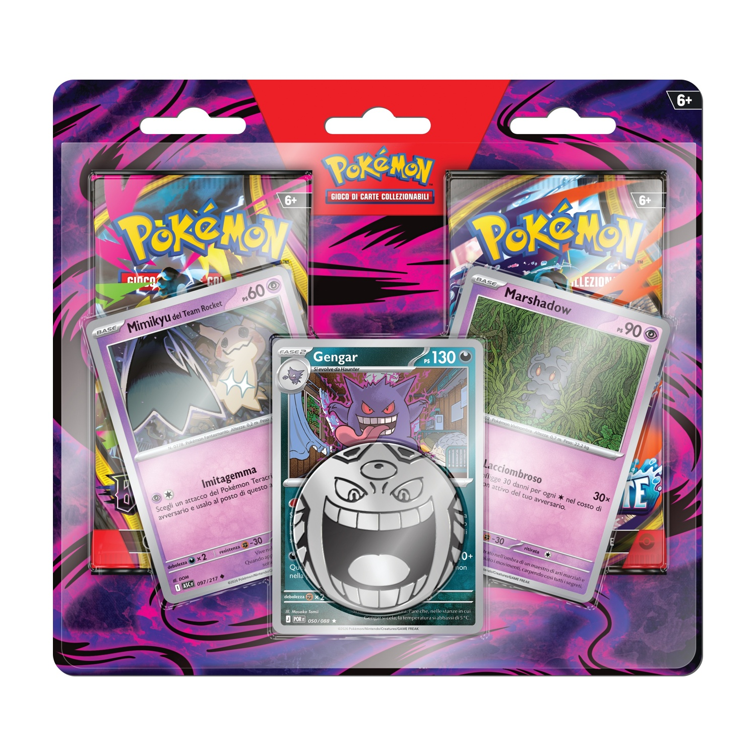 Confezione Gioco di Carte Collezionabili Pokémon con carte Mimikyu, Gengar, Marshadow.